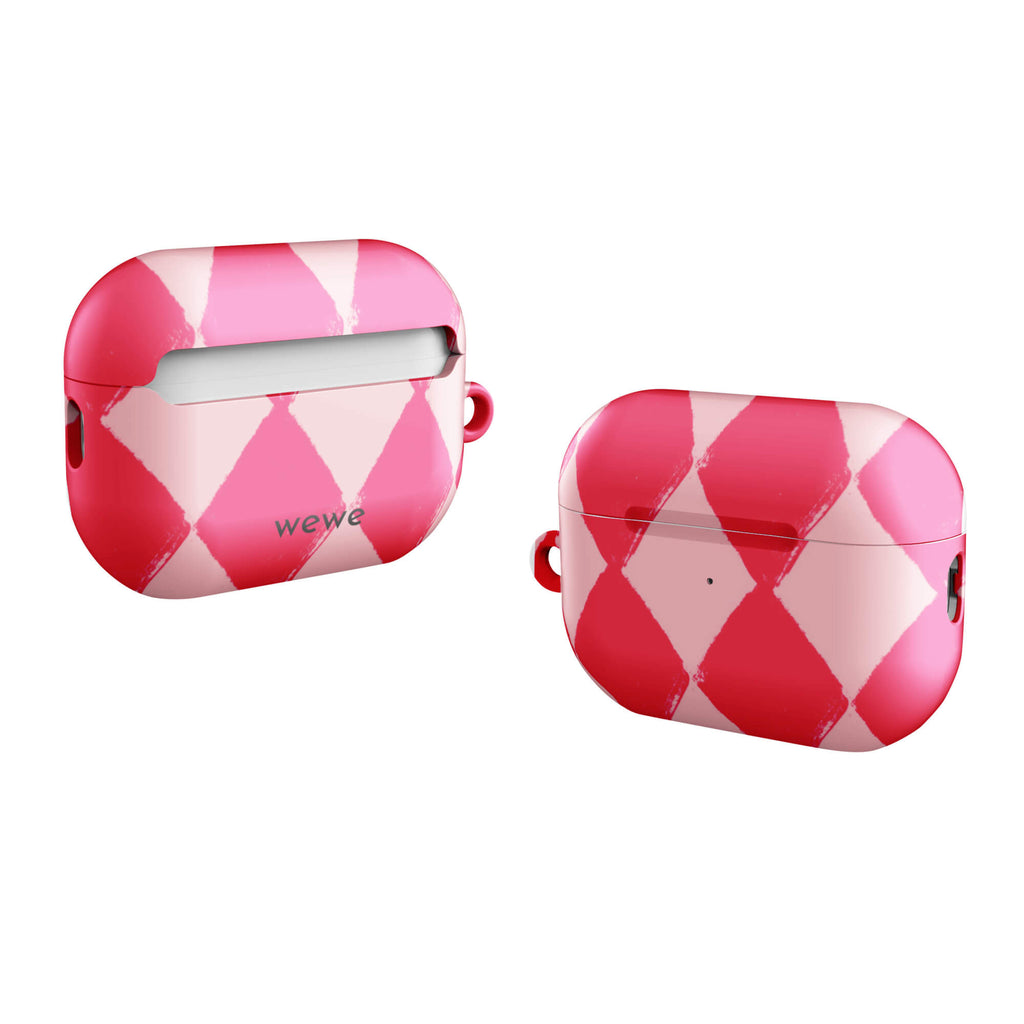 Custom AirPods case pro gen2 with a hand-painted checkered pattern of pink and dark pink diamonds.
