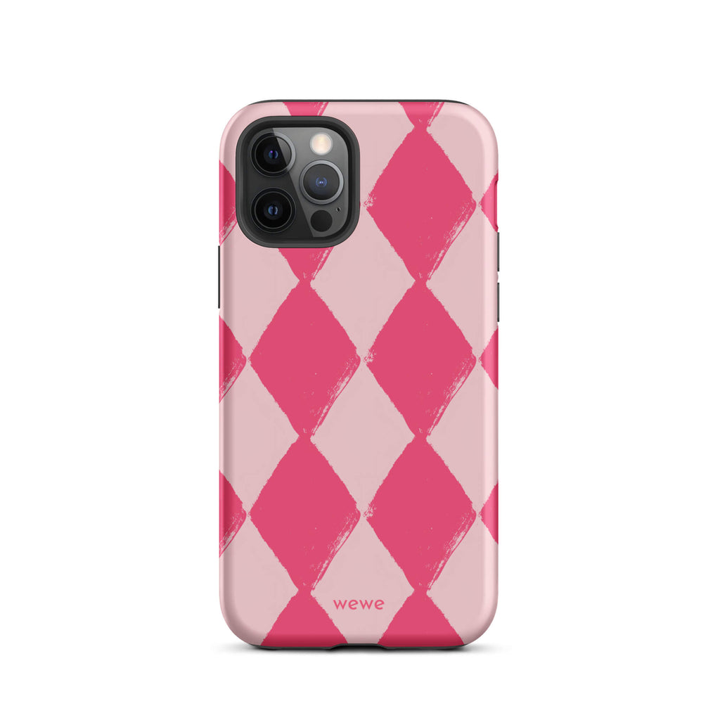 Custom iPhone case 12 pro with a hand-painted checkered pattern of pink and dark pink diamonds.