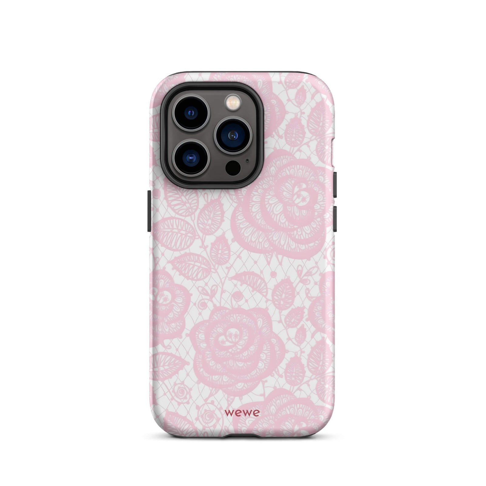 Custom iPhone case 14 pro with a delicate pink and white floral lace pattern featuring roses.