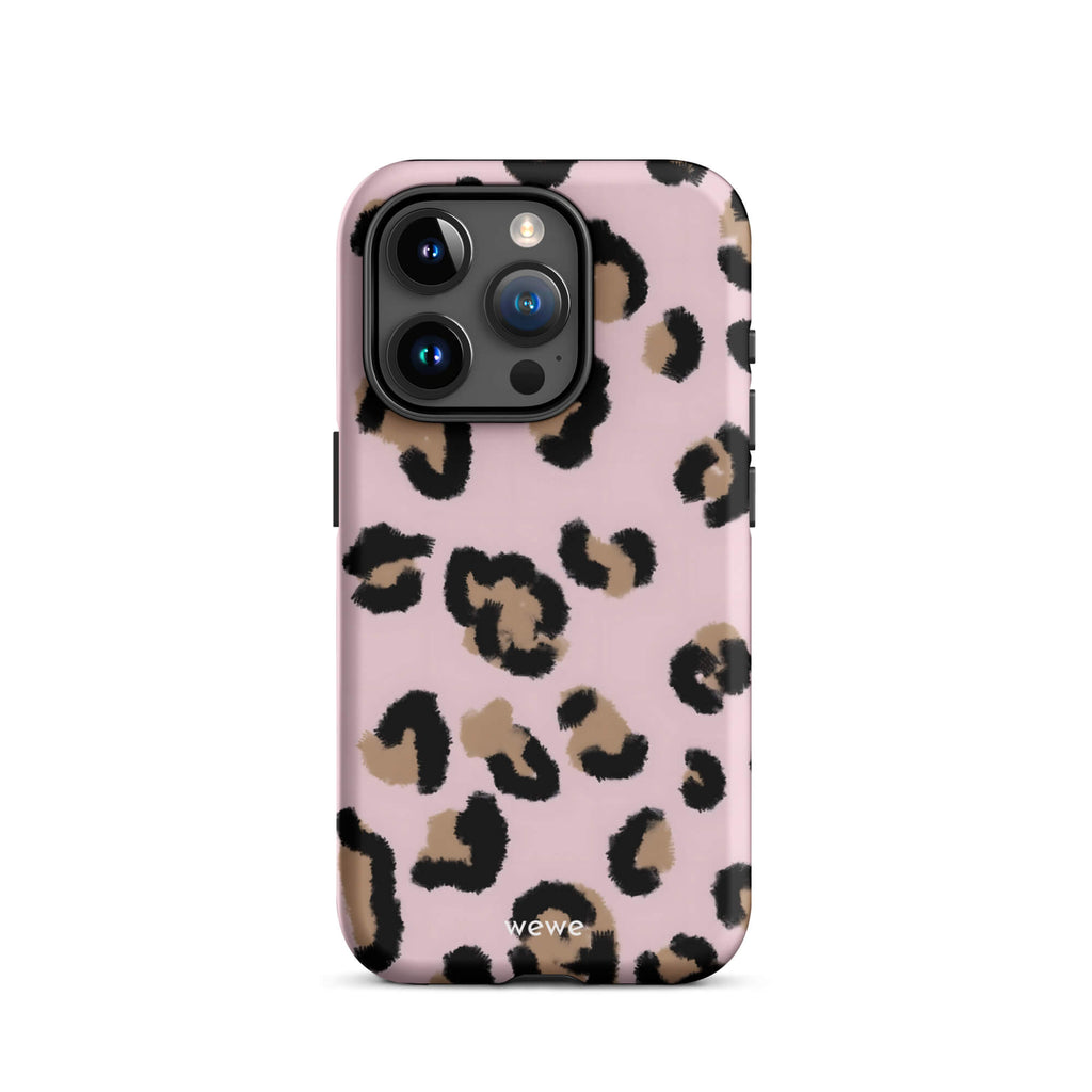 Custom iPhone case 15 pro with a chic leopard animal print pattern on a pink background.