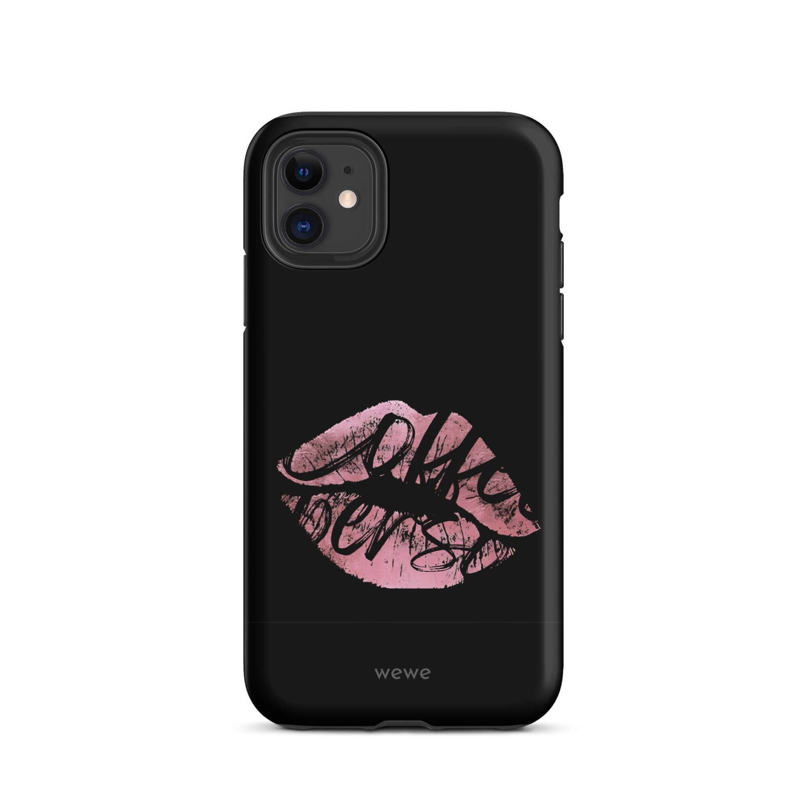 Custom iPhone case 11 with a black background and a glossy, textured pink lips graphic with the words 'Live on'.