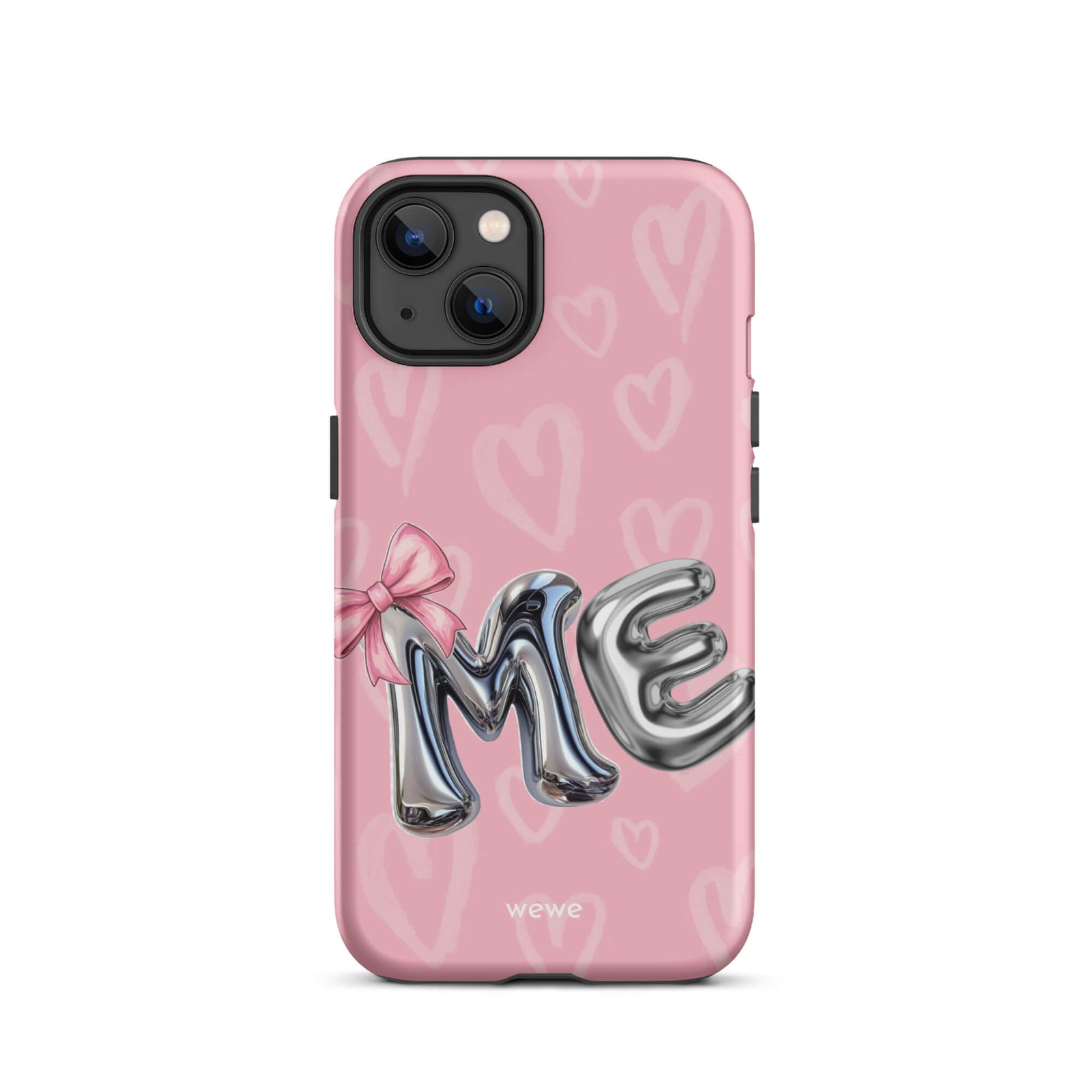 Custom iPhone case 13 with pink background,pink bow,and silver chrome 'ME' balloon letters.