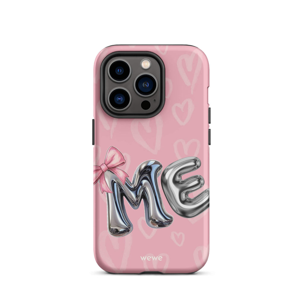 Custom iPhone case 14 pro with pink background,pink bow,and silver chrome 'ME' balloon letters.