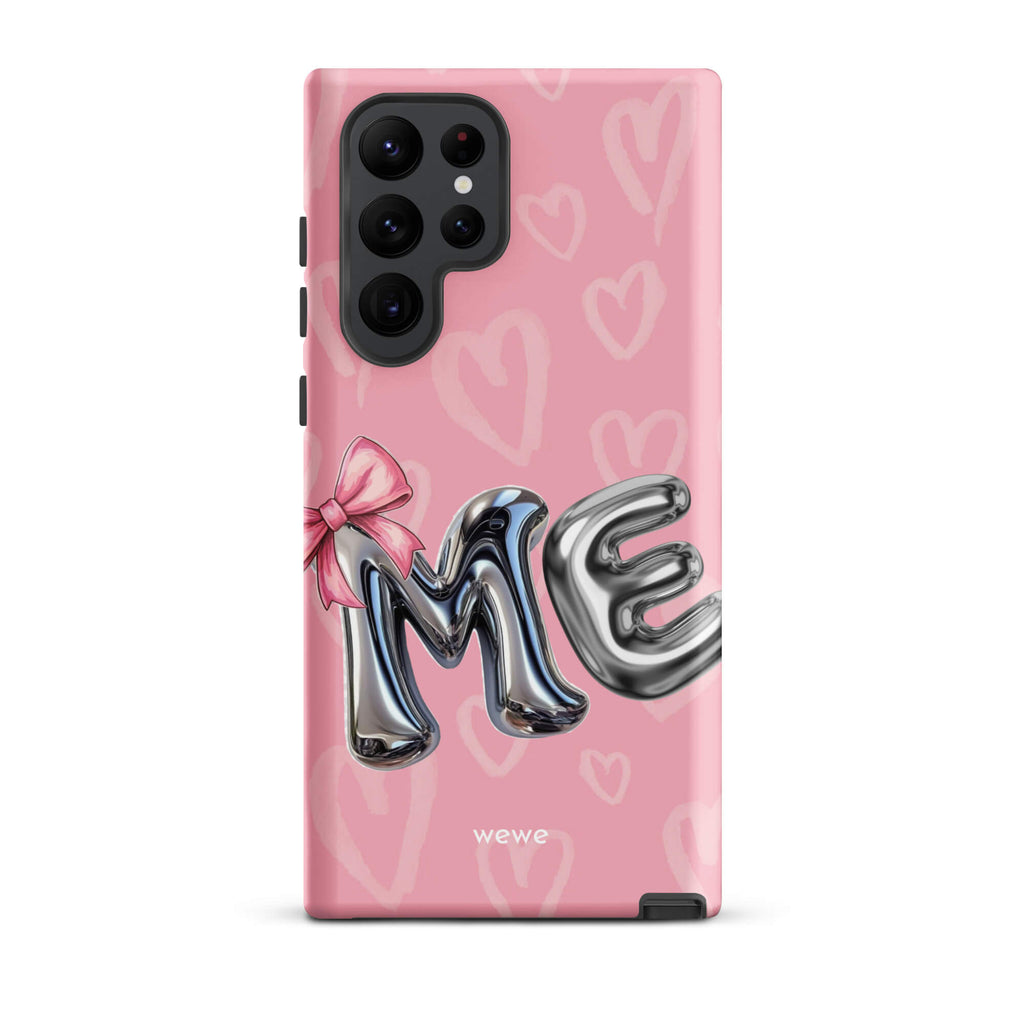 Custom samsung galaxy s22 ultra  Phone case with pink background,pink bow,and silver chrome 'ME' balloon letters.