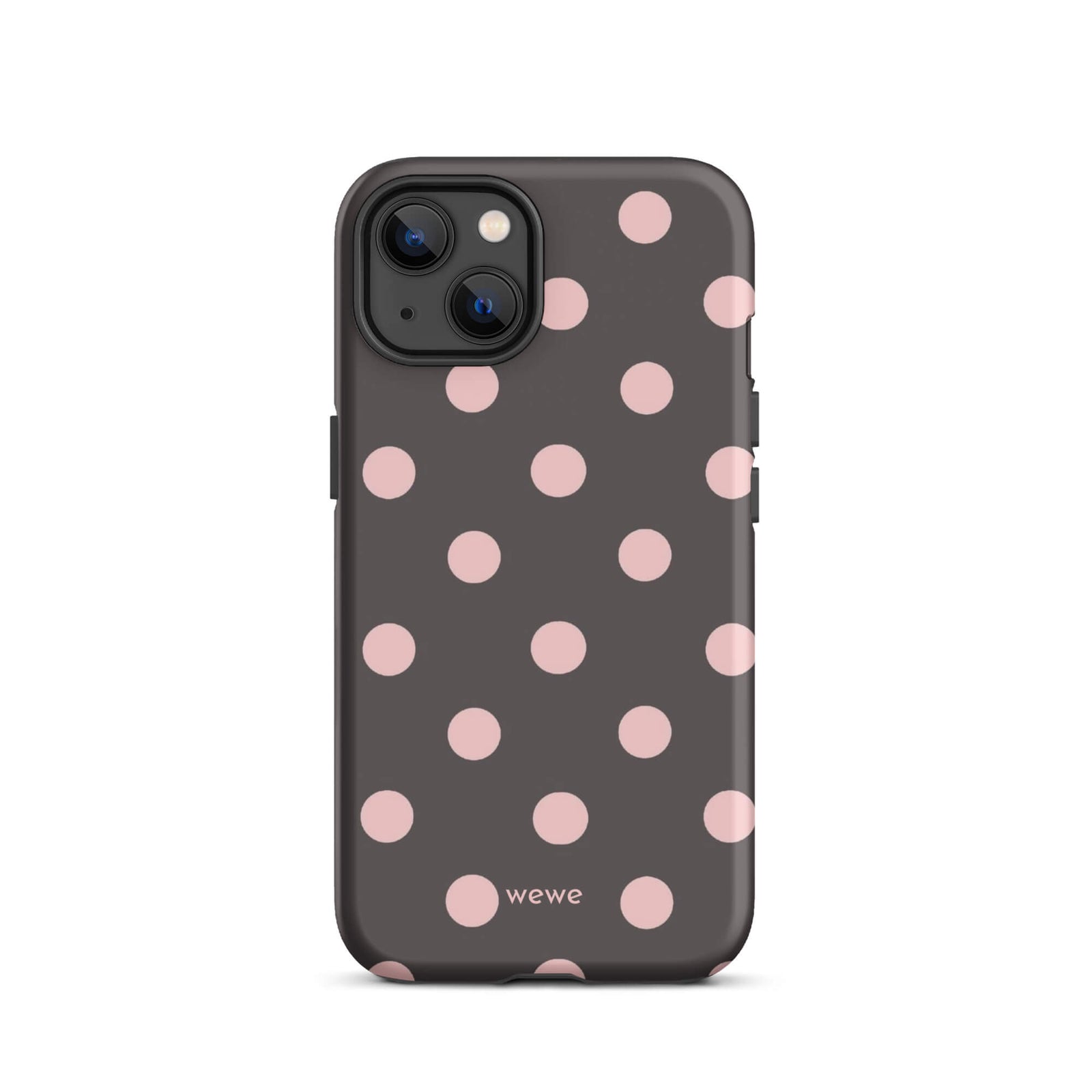 Custom iPhone 13 tough case in matte dark grey/charcoal with large light pink (blush) polka dots and 'wewe' branding at the bottom.
