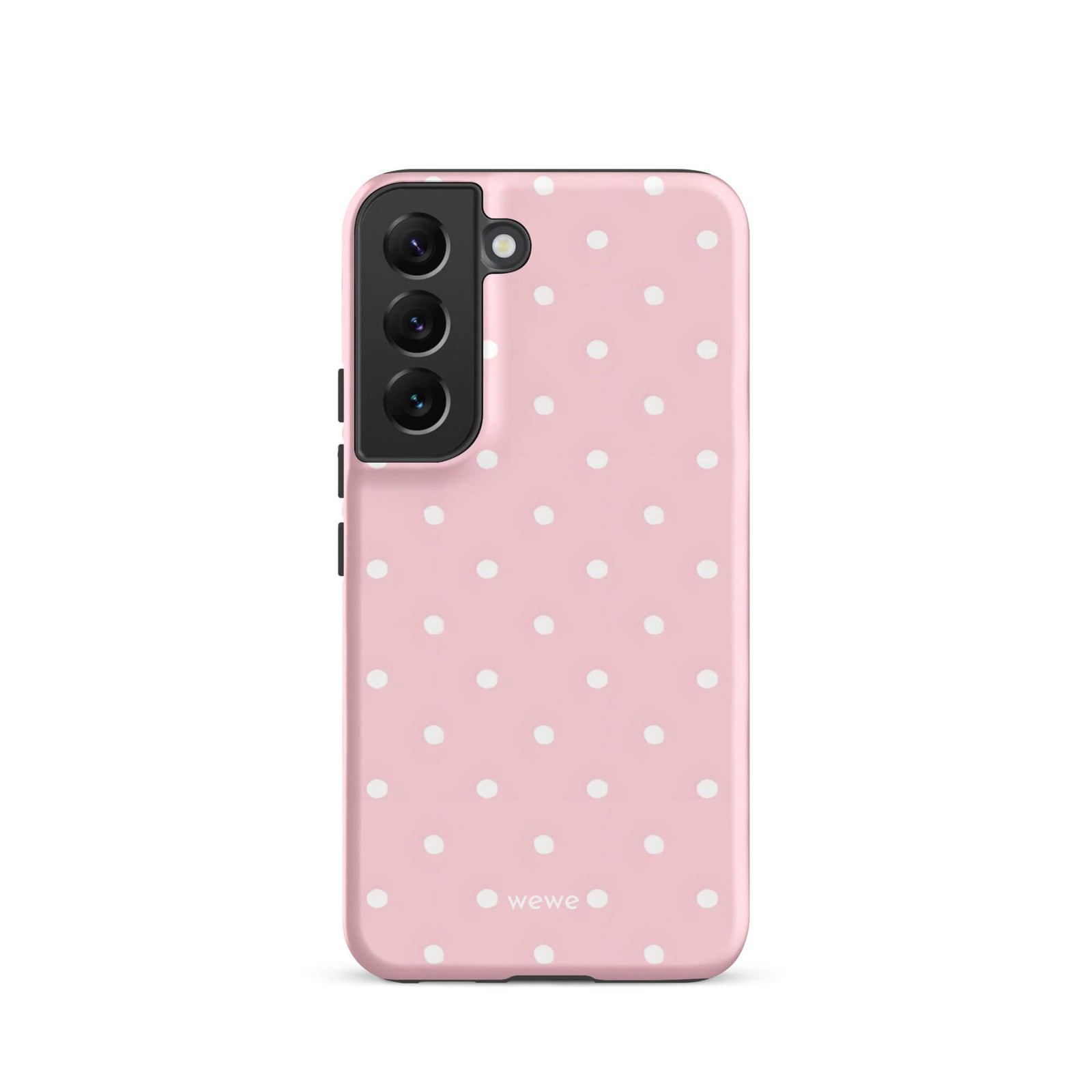 Custom samsung galaxy s22 Phone case with a soft pink background and a pattern of small white polka dots.