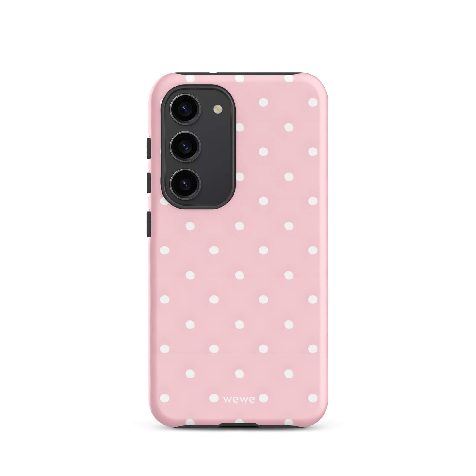 Custom samsung galaxy s23 Phone case with a soft pink background and a pattern of small white polka dots.