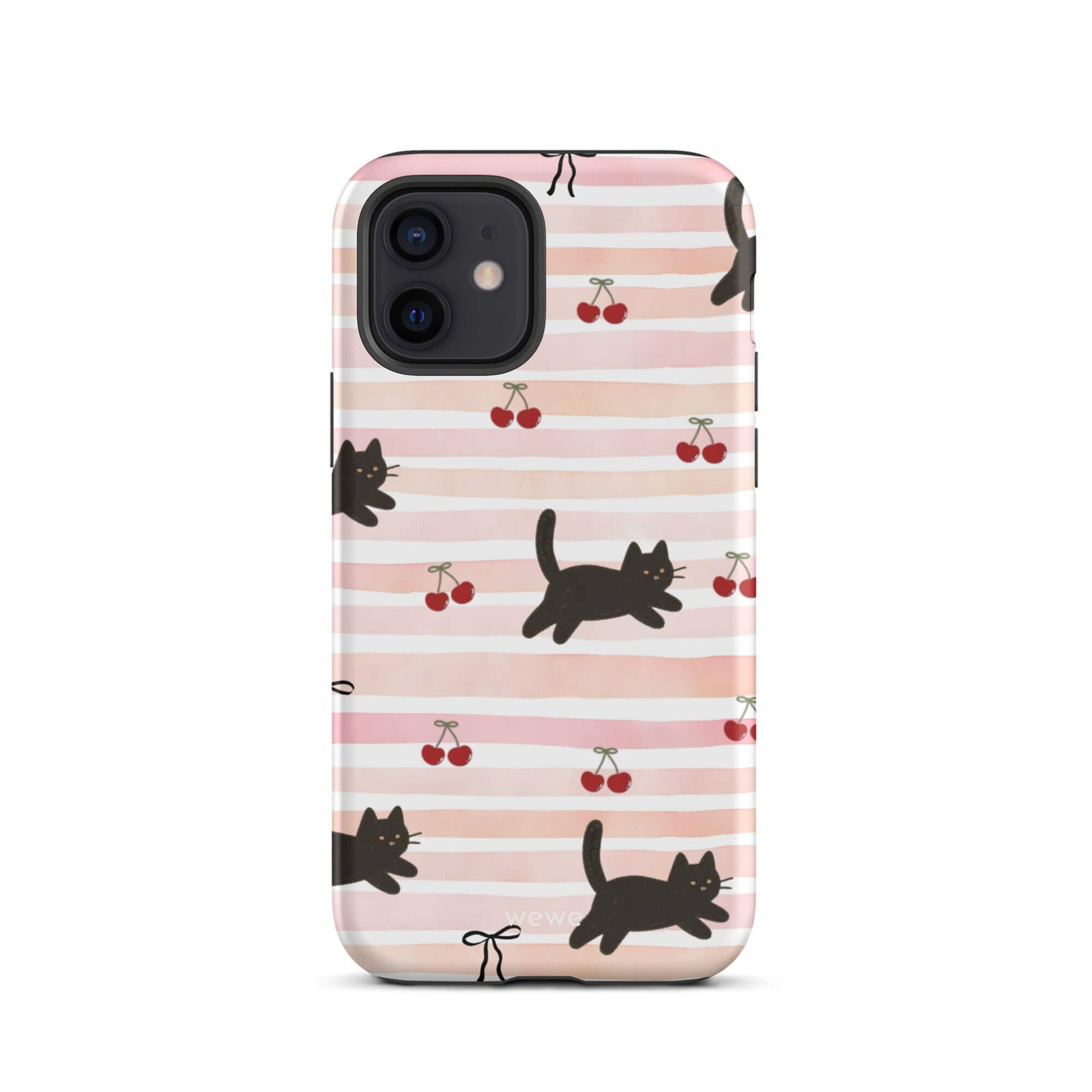 Custom iPhone case 12 with a cute pattern of black cats, cherries, and ribbon bows on a pink and white striped background.