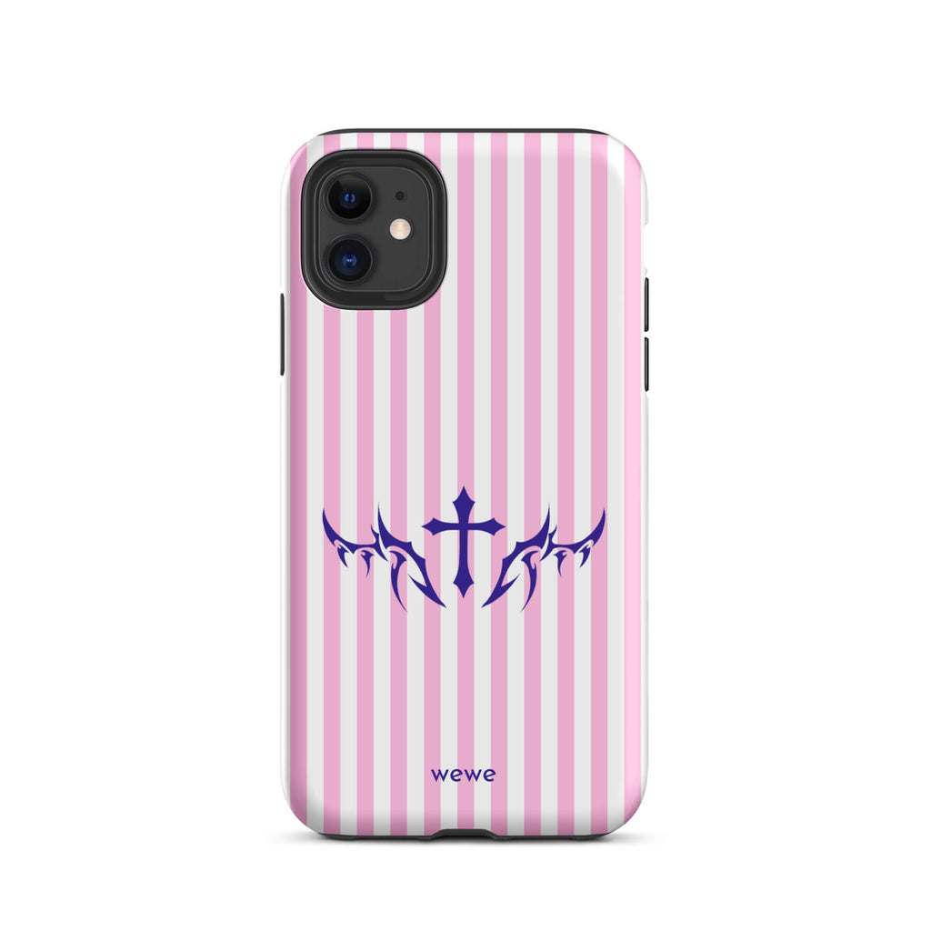 Custom iPhone case 11 with vertical pink and white stripes, blue tribal cross design.