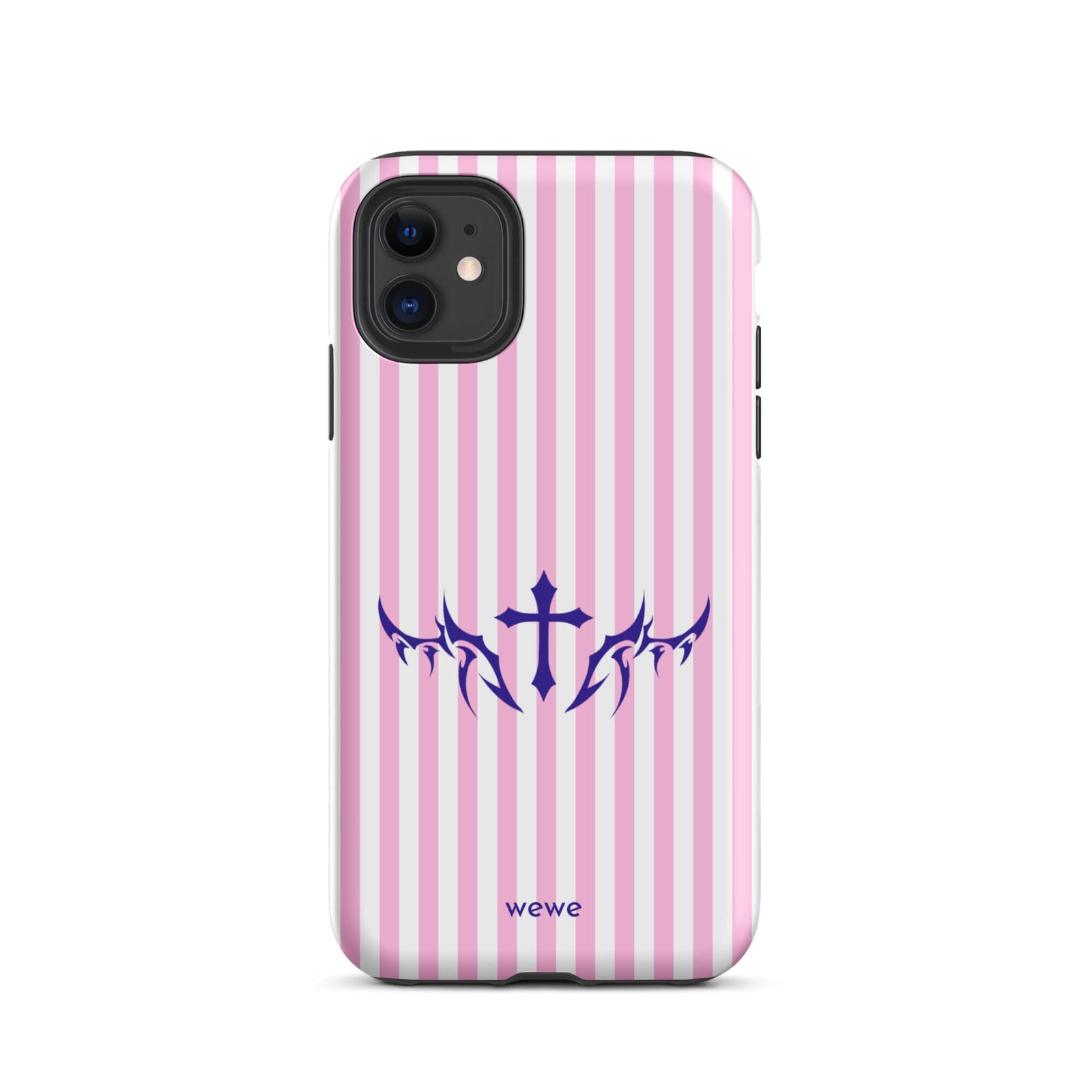Custom iPhone case 11 with vertical pink and white stripes, blue tribal cross design.