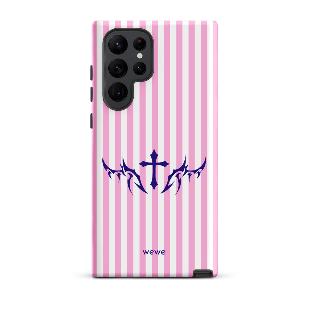 Custom samsunng galaxy s22 ultra  Phone case with vertical pink and white stripes, blue tribal cross design.