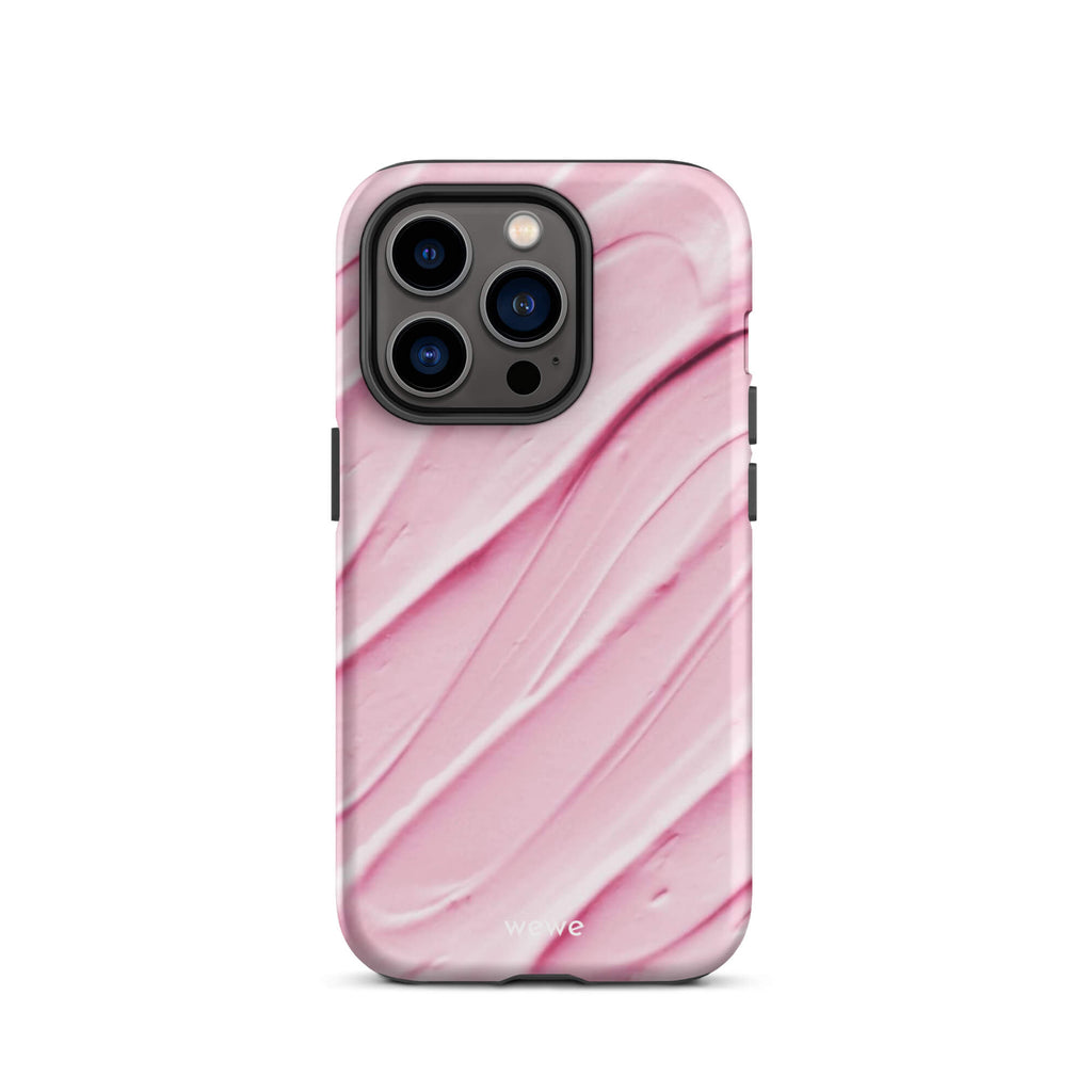 Custom iPhone case 14 pro with a close-up, macro photo of a textured, light pink and white liquid swirl pattern.