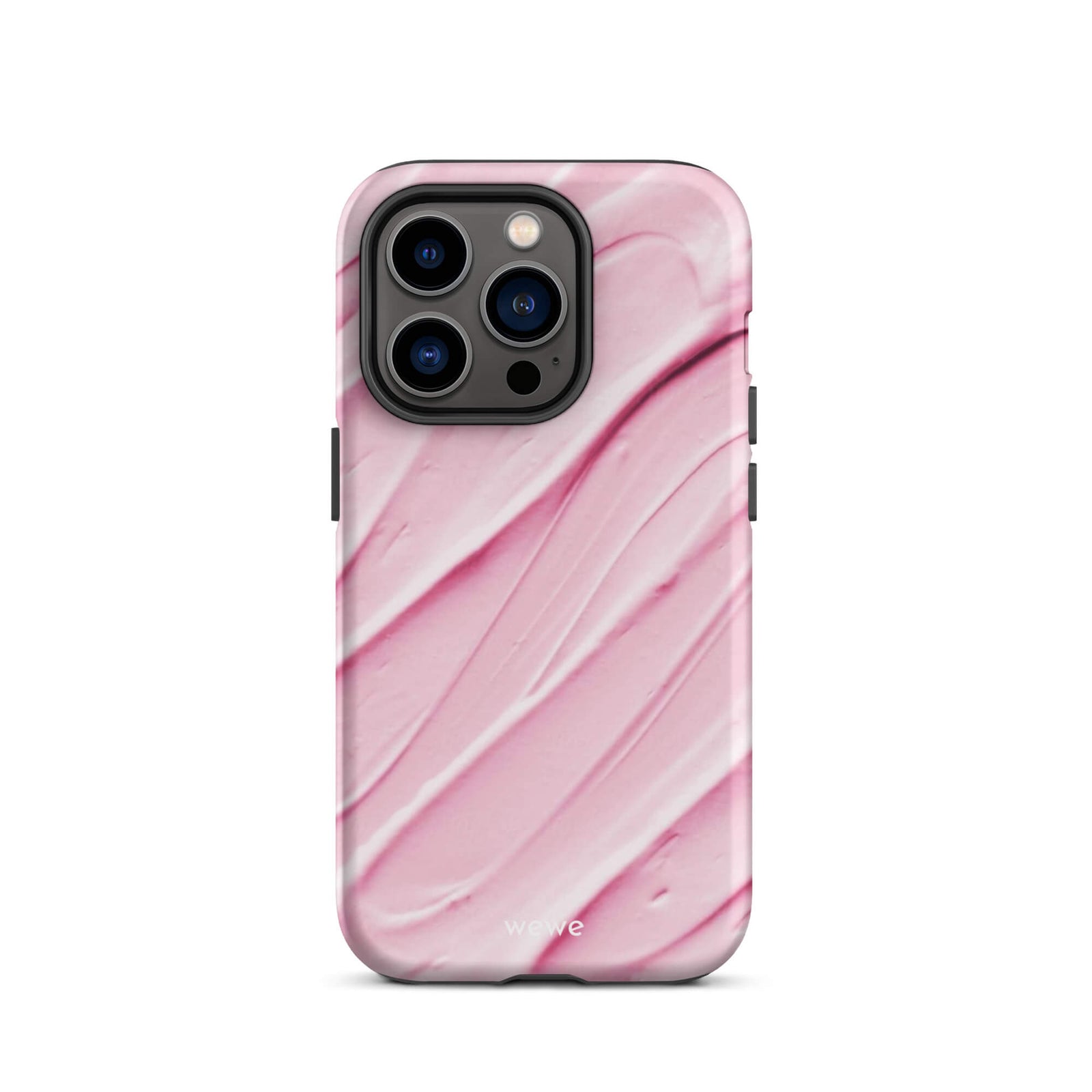 Custom iPhone case 14 pro with a close-up, macro photo of a textured, light pink and white liquid swirl pattern.
