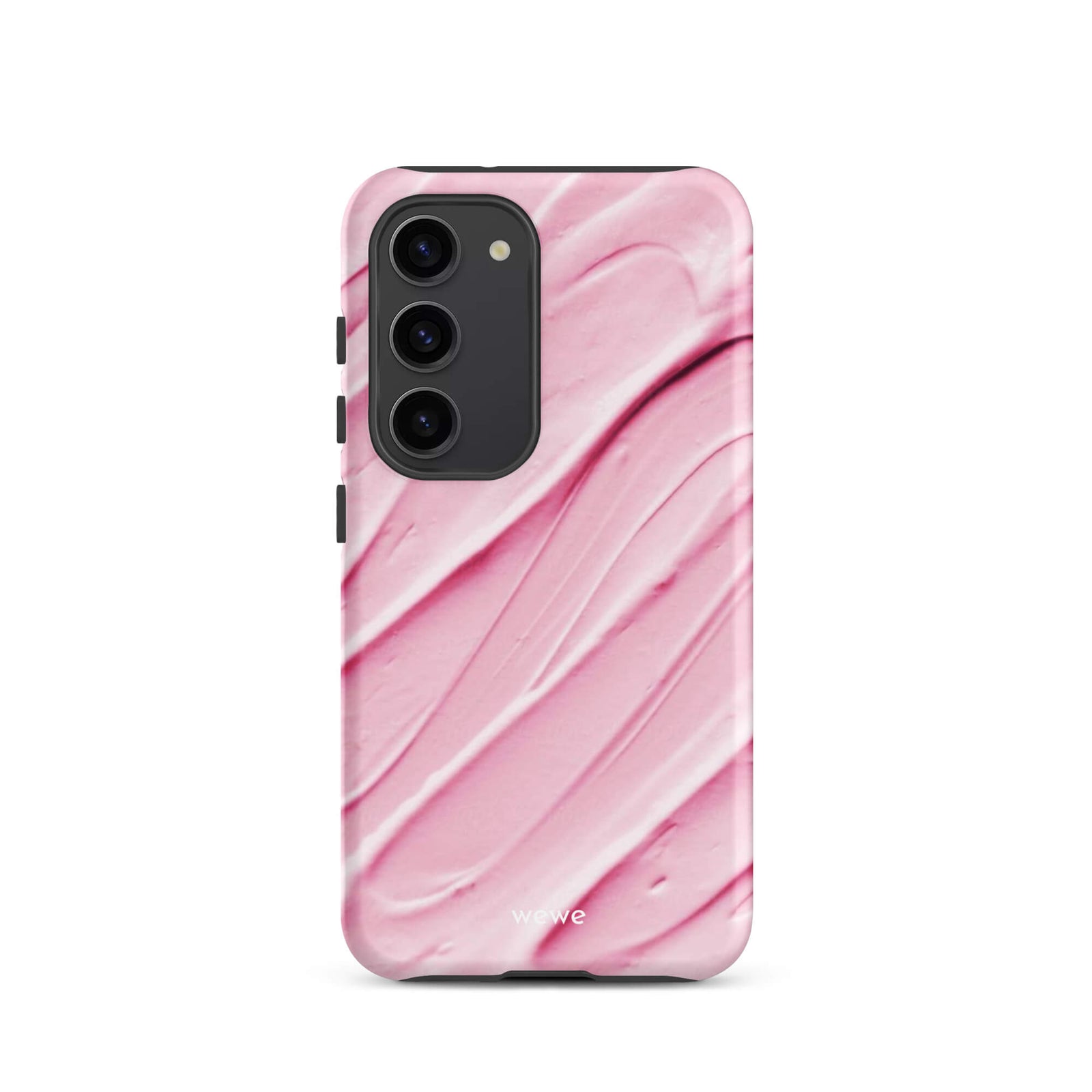 Custom samsung galaxy s23 Phone case with a close-up, macro photo of a textured, light pink and white liquid swirl pattern.