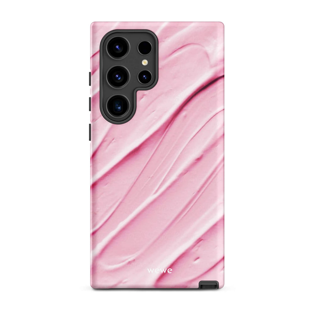 Custom samsung galaxy s24 ultra Phone case with a close-up, macro photo of a textured, light pink and white liquid swirl pattern.