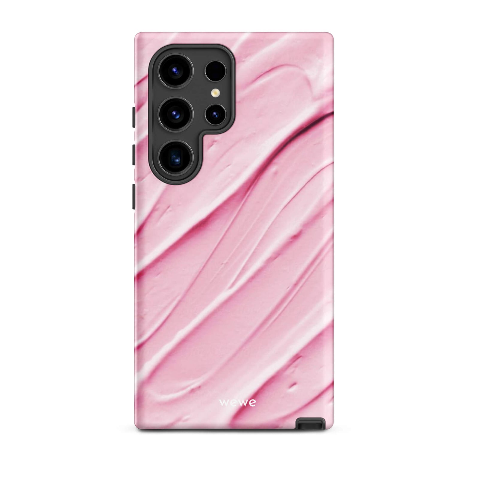 Custom samsung galaxy s24 ultra Phone case with a close-up, macro photo of a textured, light pink and white liquid swirl pattern.