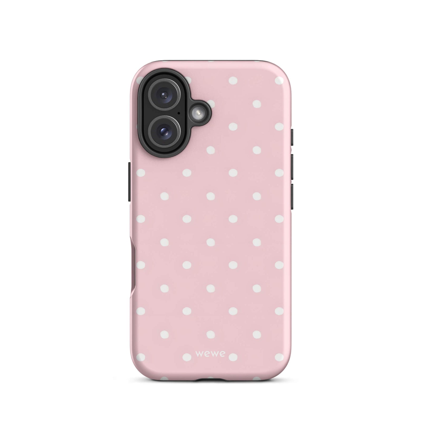 Custom iPhone case 16 with a soft pink background and a pattern of small white polka dots.