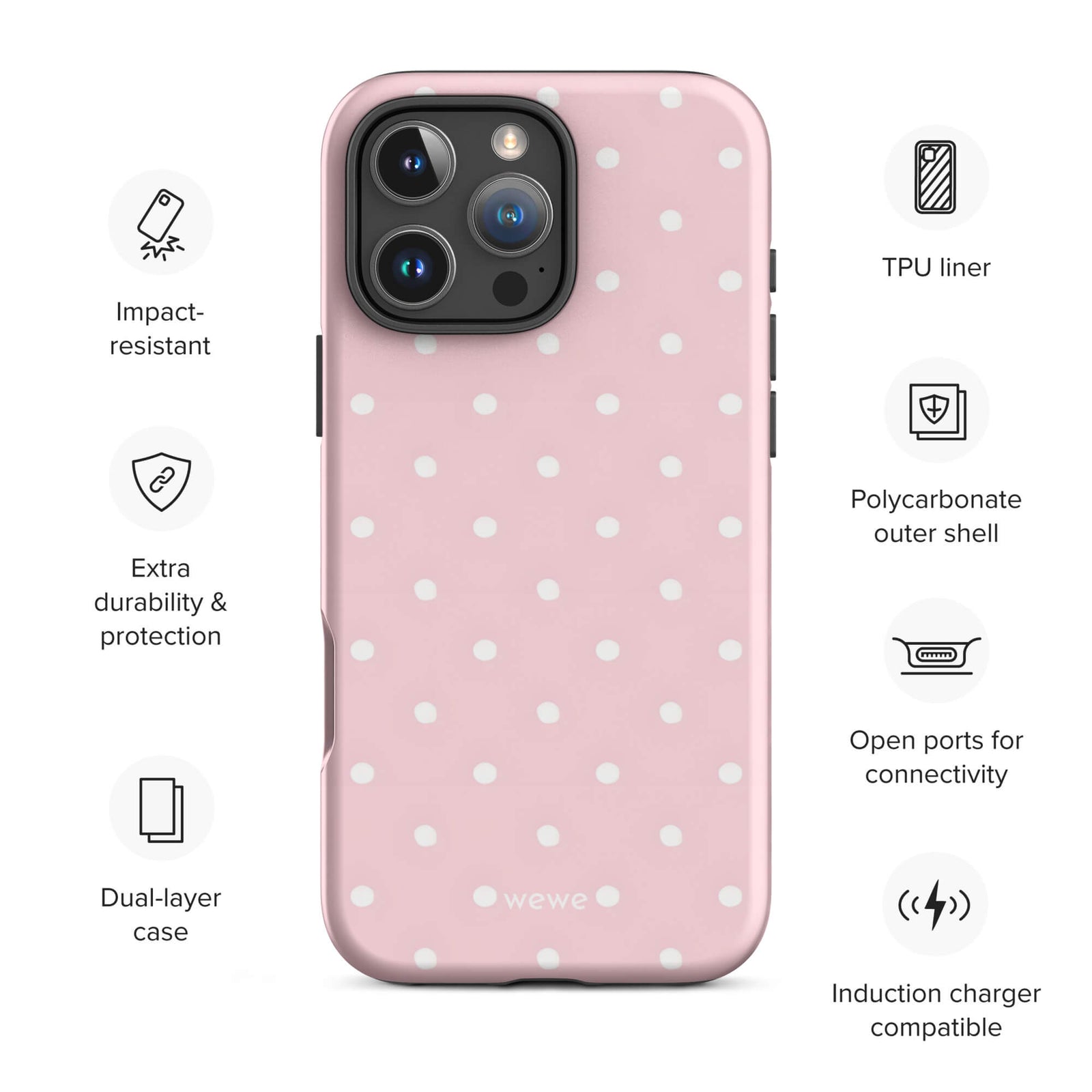 Custom pink polka dot  iphone case 16 pro max wireless charging compatible.