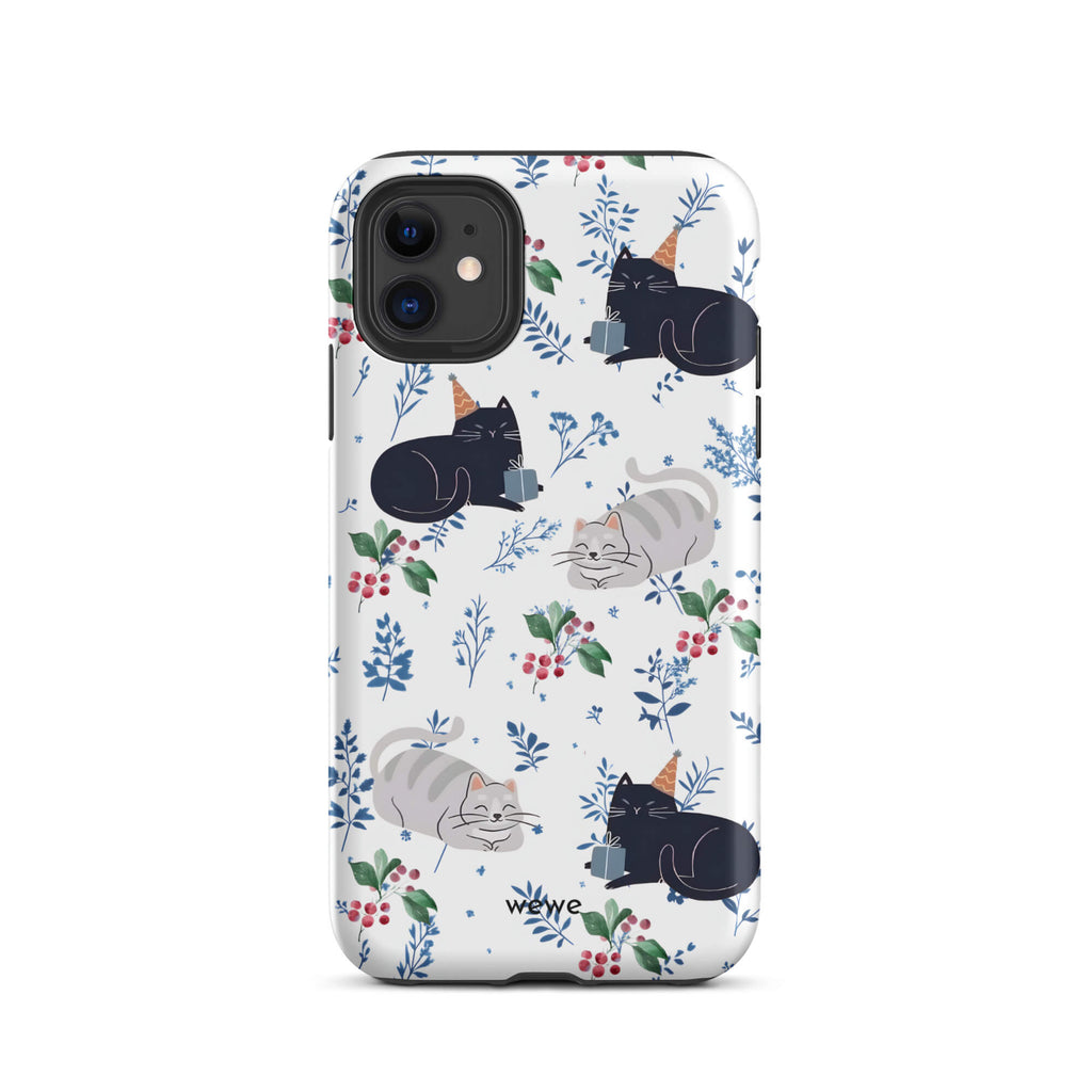 Custom iPhone case 11 with a cute pattern of black and gray cats wearing party hats, cherries, and floral sprigs on a white background.
