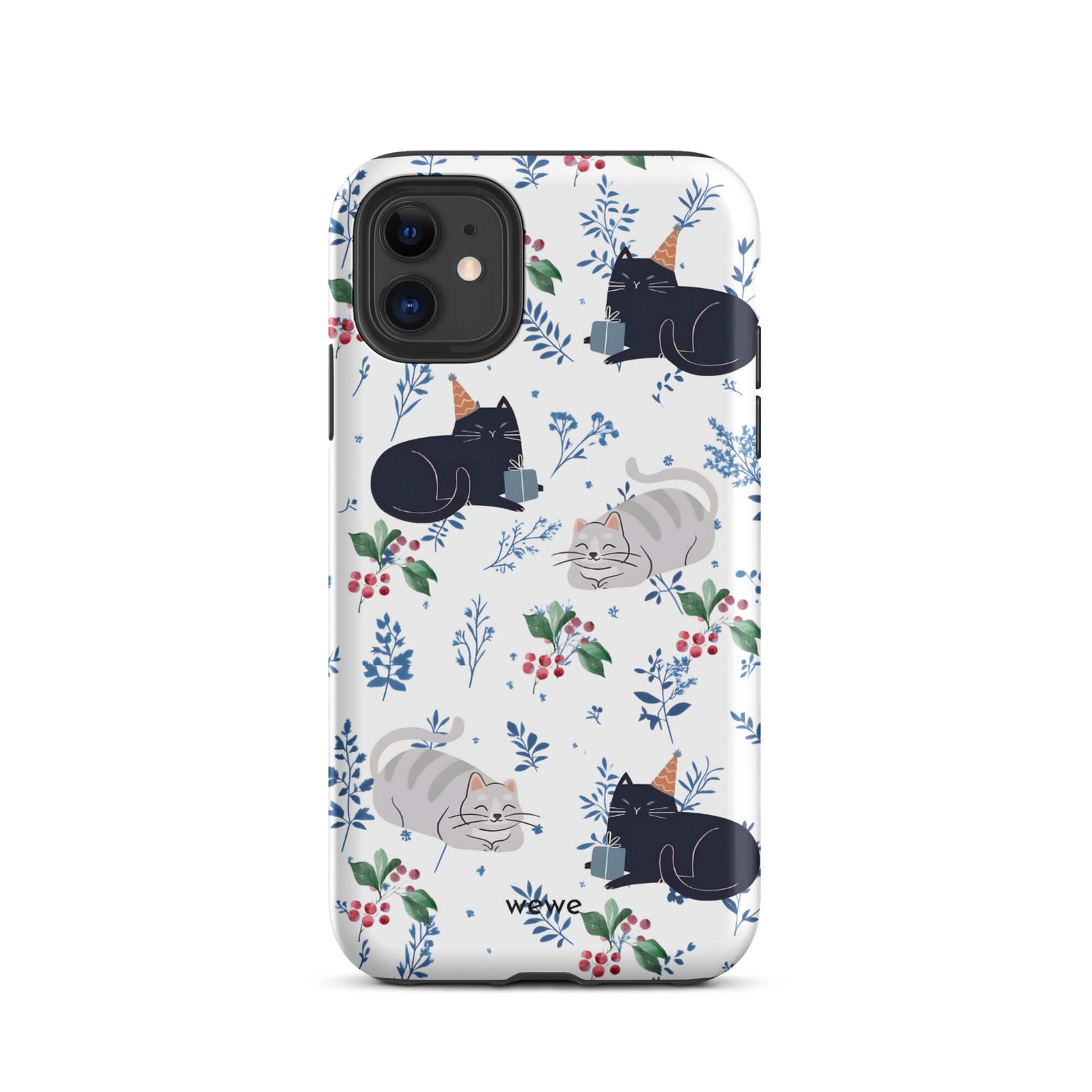 Custom iPhone case 11 with a cute pattern of black and gray cats wearing party hats, cherries, and floral sprigs on a white background.