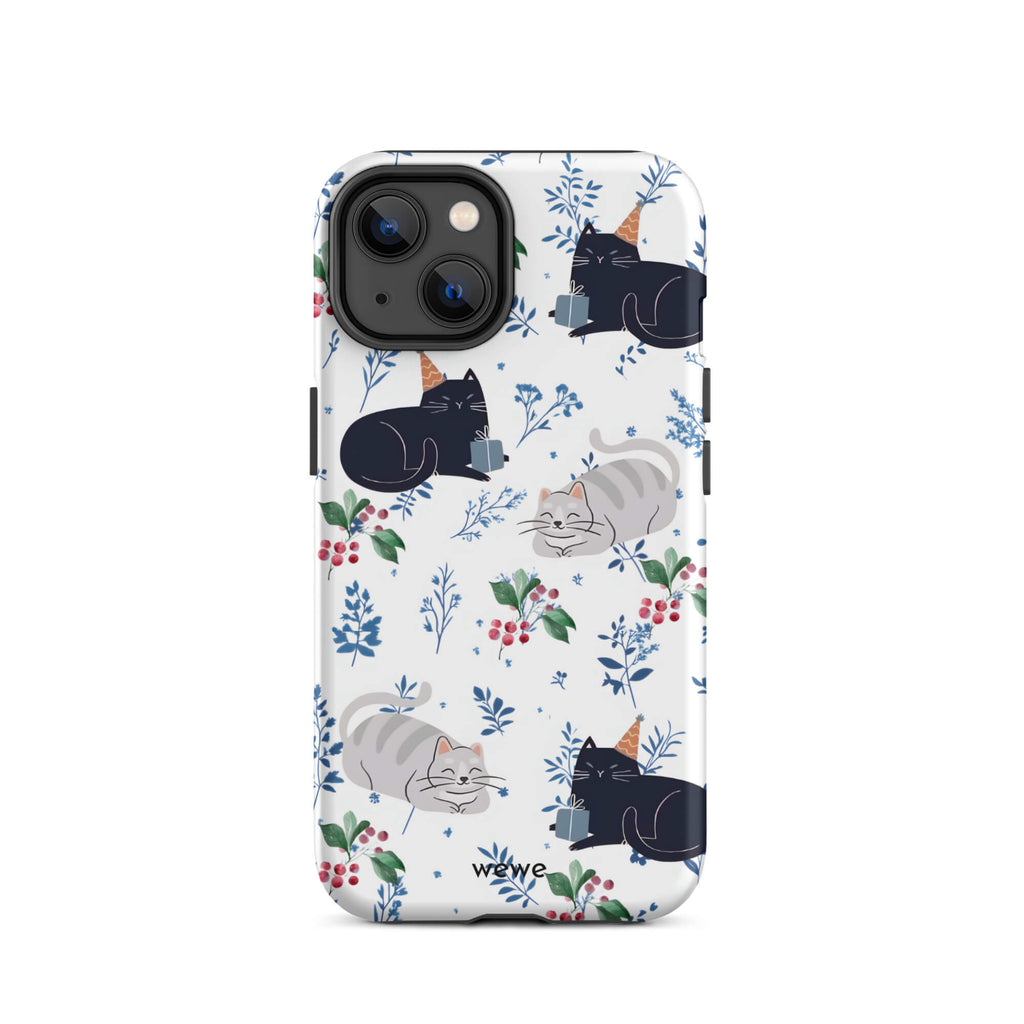 Custom iPhone case 14 with a cute pattern of black and gray cats wearing party hats, cherries, and floral sprigs on a white background.
