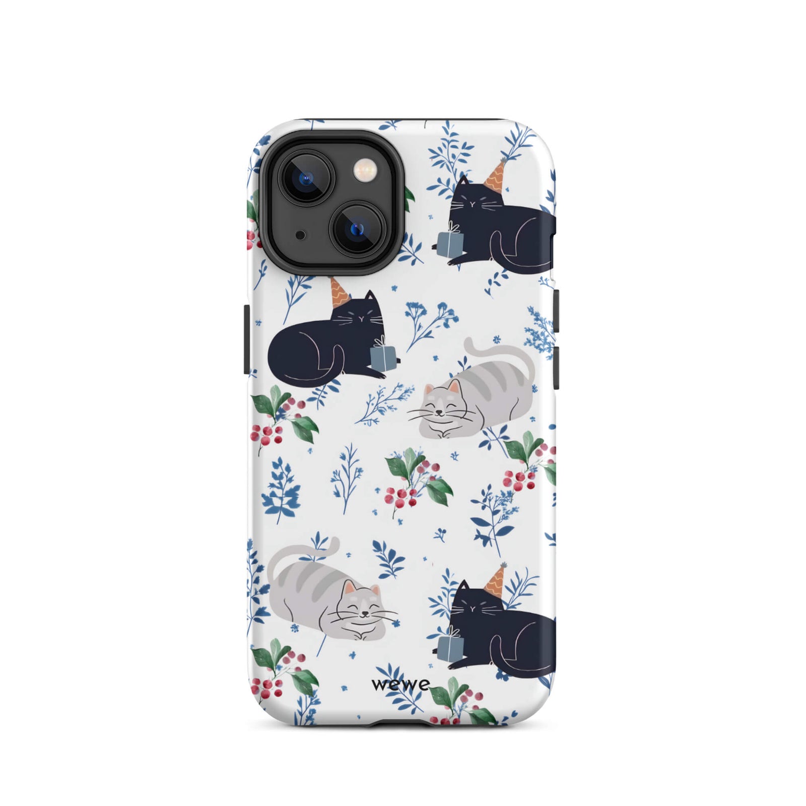 Custom iPhone case 14 with a cute pattern of black and gray cats wearing party hats, cherries, and floral sprigs on a white background.