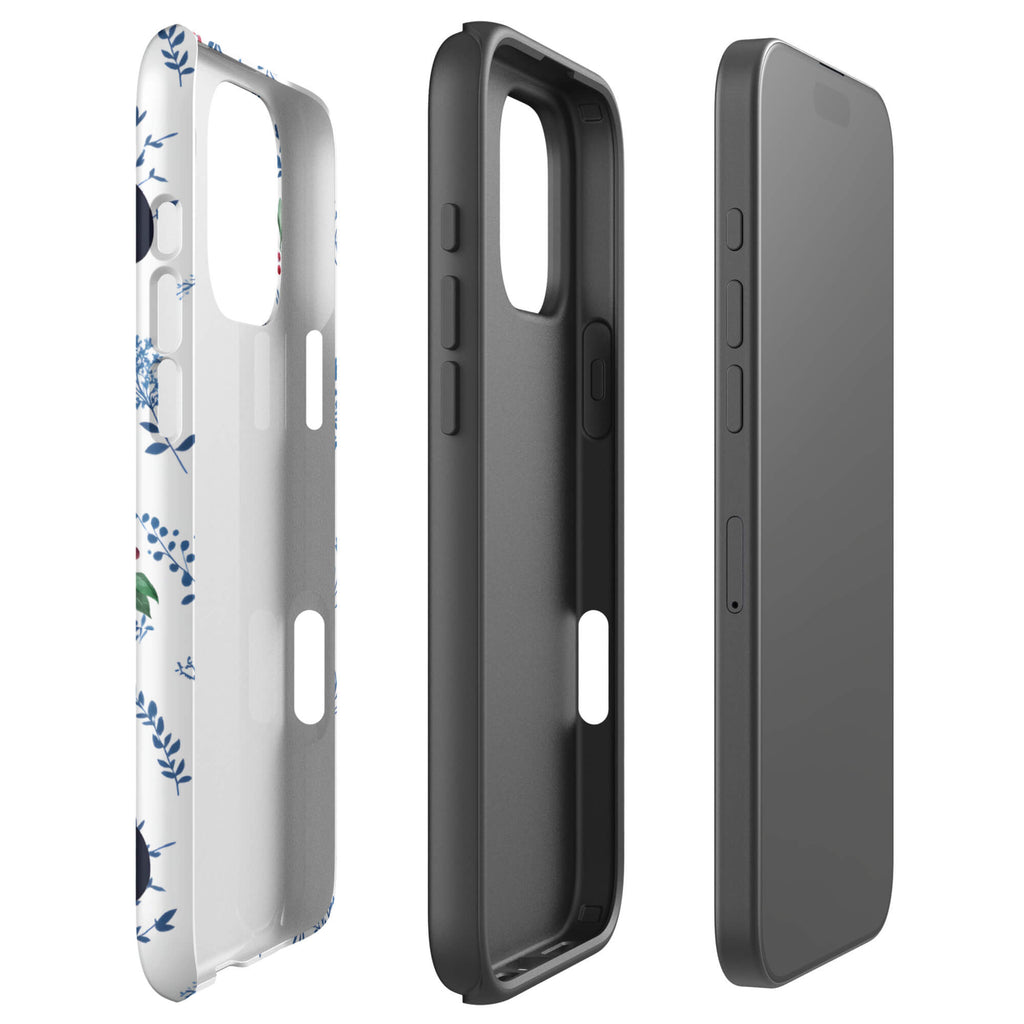 Custom iPhone case 16 pro max with a cute pattern of black and gray cats wearing party hats, cherries, and floral sprigs on a white background.