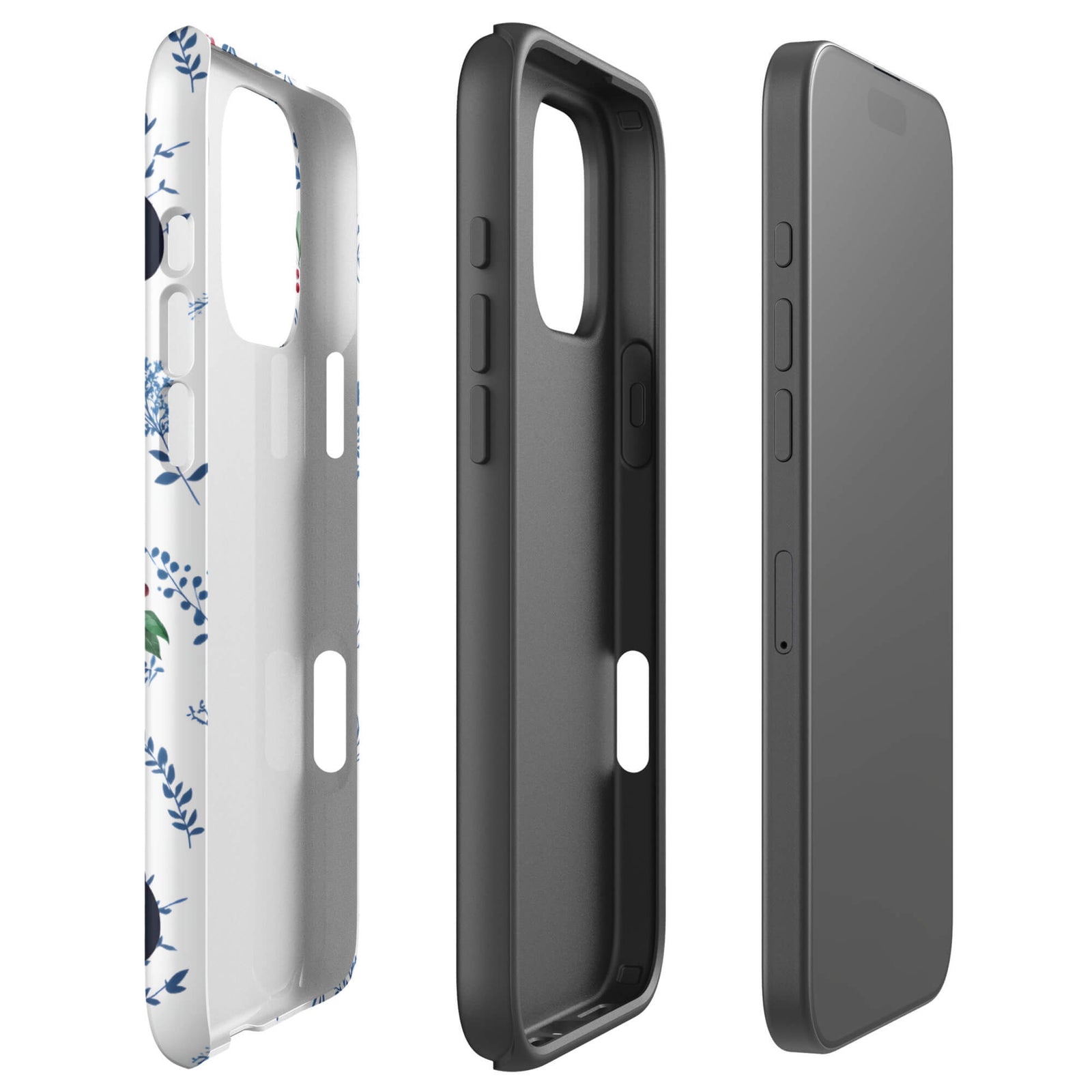 Custom iPhone case 16 pro max with a cute pattern of black and gray cats wearing party hats, cherries, and floral sprigs on a white background.