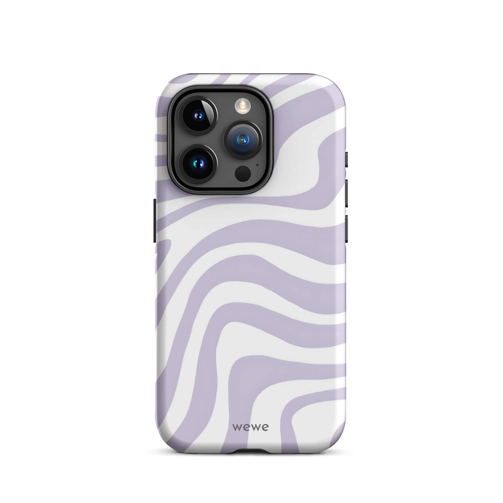 Custom iPhone case 15 pro with a purple and white wavy, abstract pattern.