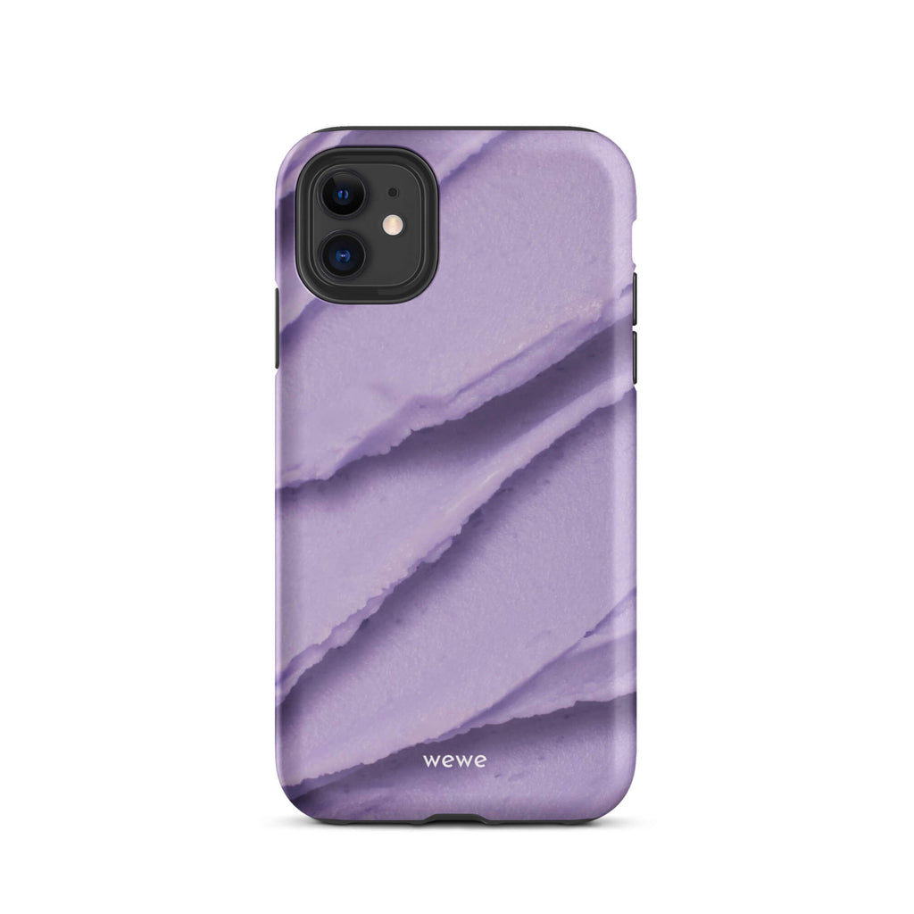 Custom iPhone case 11 with a close-up, macro photo of a textured, light purple frosting or ice cream.