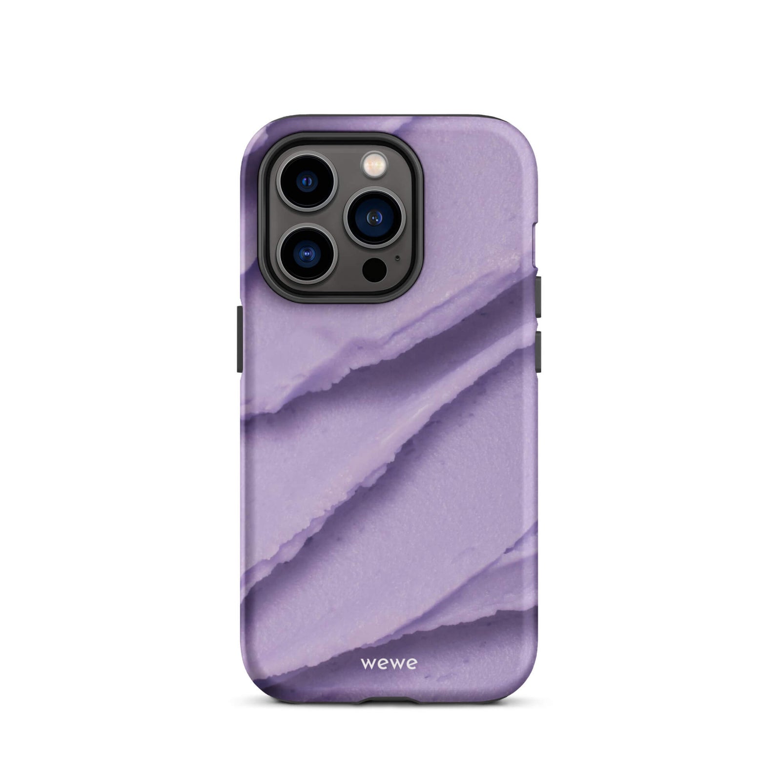 Custom iPhone case 14 pro with a close-up, macro photo of a textured, light purple frosting or ice cream.