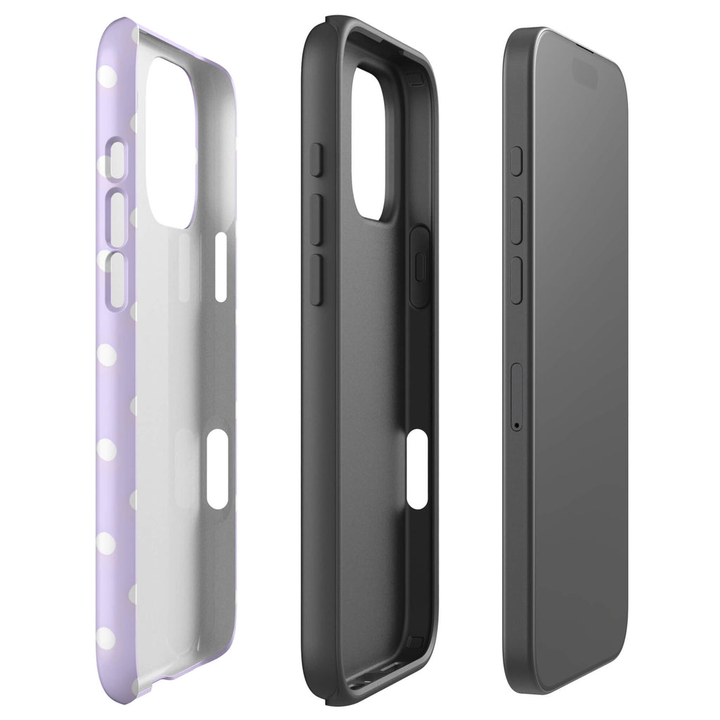Custom purple polka dot iphone case 16 pro max dual-layer shockproof protection.