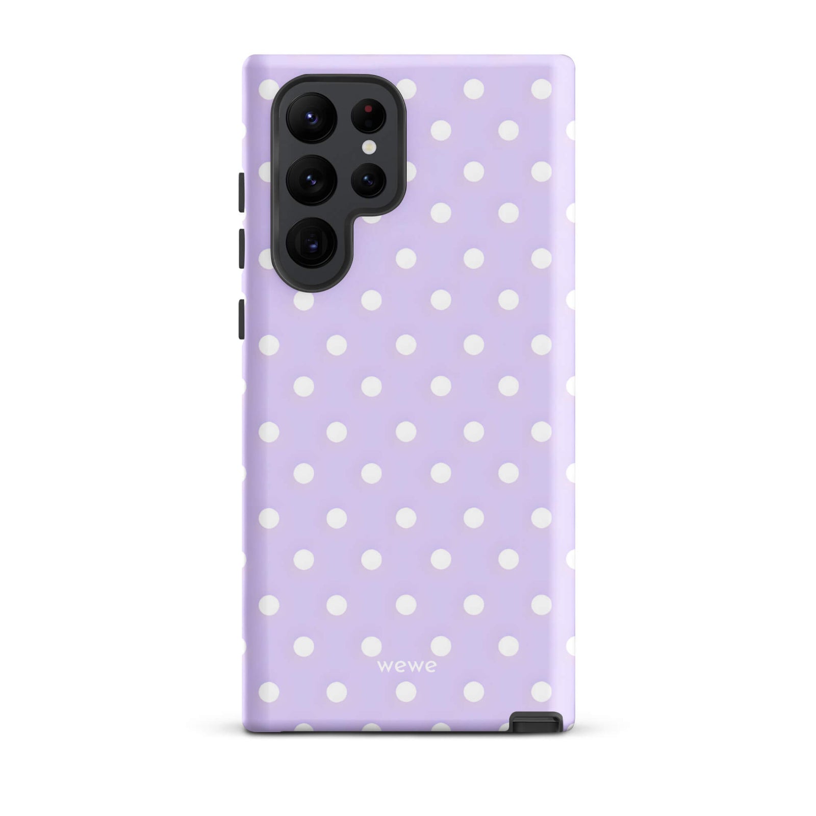 Custom samsung galaxy s22 ultra with a soft purple background and a pattern of small white polka dots.