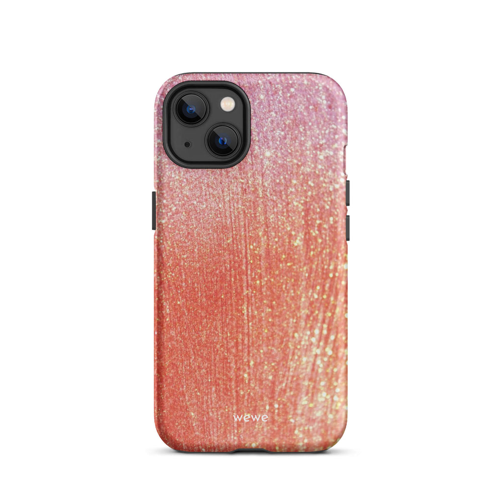 Custom iPhone case 13 with a sparkling rose gold glitter ombre design, fading from darker pink to lighter gold.
