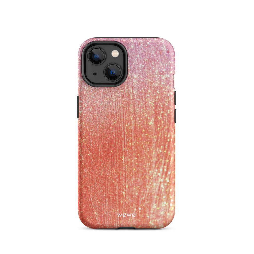 Custom iPhone case 14 with a sparkling rose gold glitter ombre design, fading from darker pink to lighter gold.