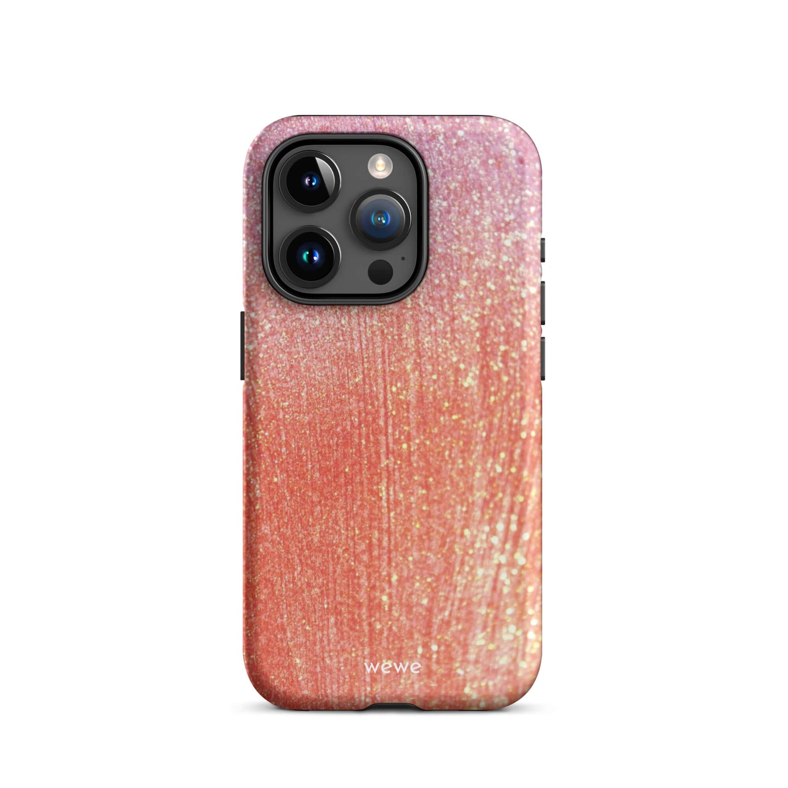 Custom iPhone case 15 pro with a sparkling rose gold glitter ombre design, fading from darker pink to lighter gold.