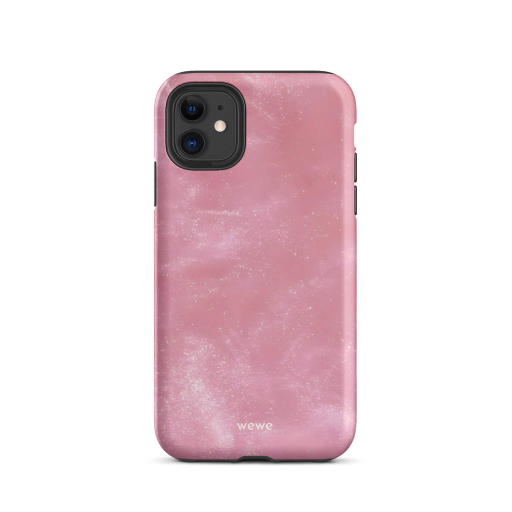 Custom iPhone case 11 with a glossy, light pink star dust-like pattern with subtle white shimmer.