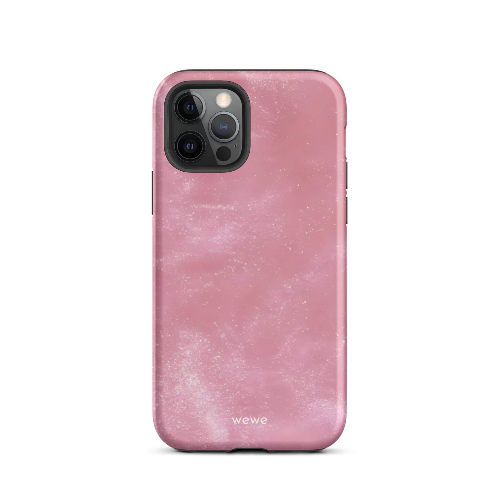 Custom iPhone case 12 pro with a glossy, light pink star dust-like pattern with subtle white shimmer.