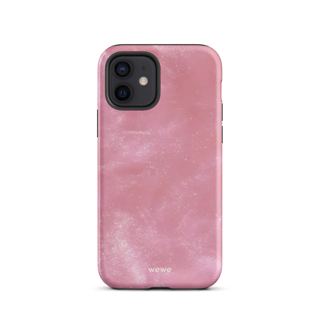 Custom iPhone case 12 with a glossy, light pink star dust-like pattern with subtle white shimmer.