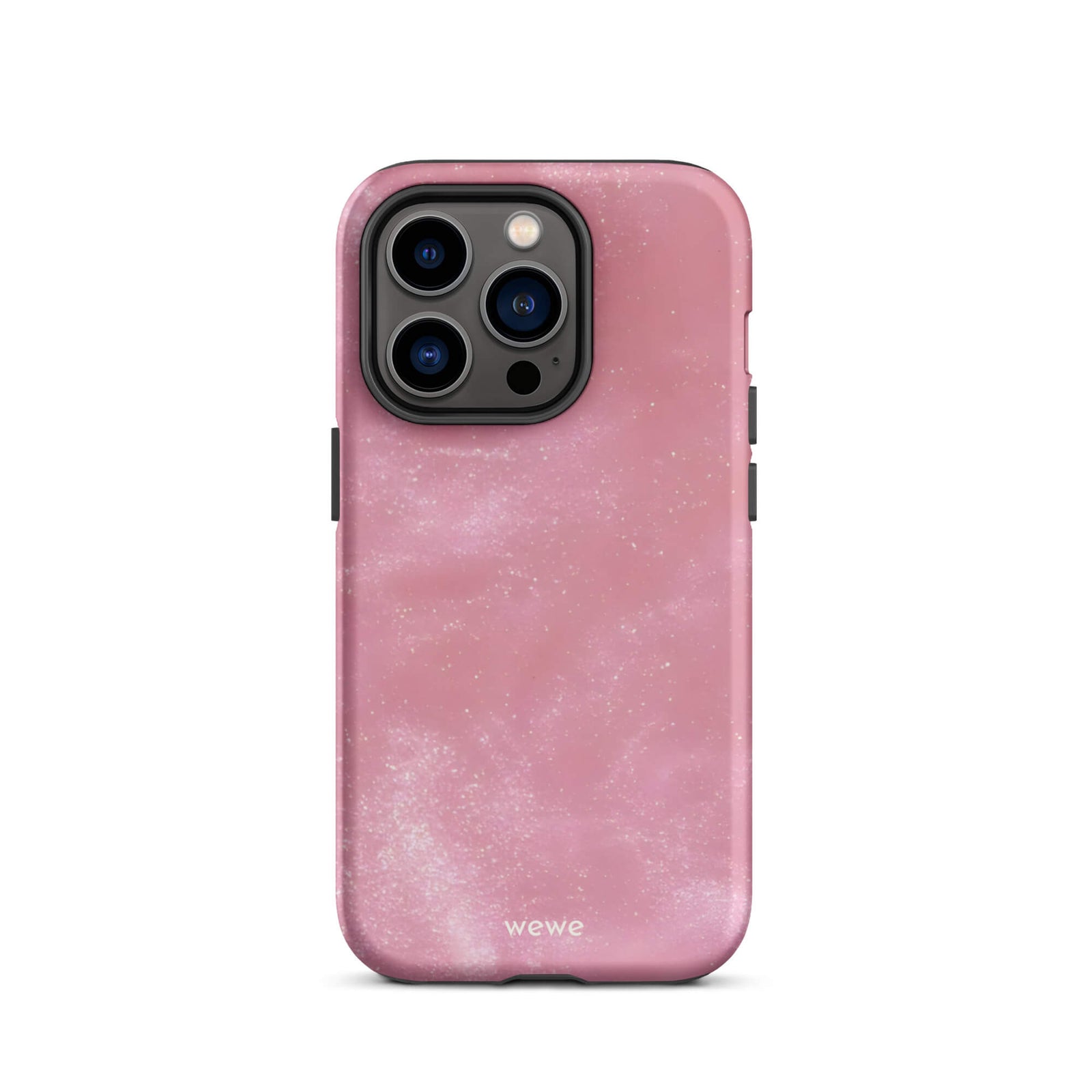 Custom iPhone case 14 pro with a glossy, light pink star dust-like pattern with subtle white shimmer.