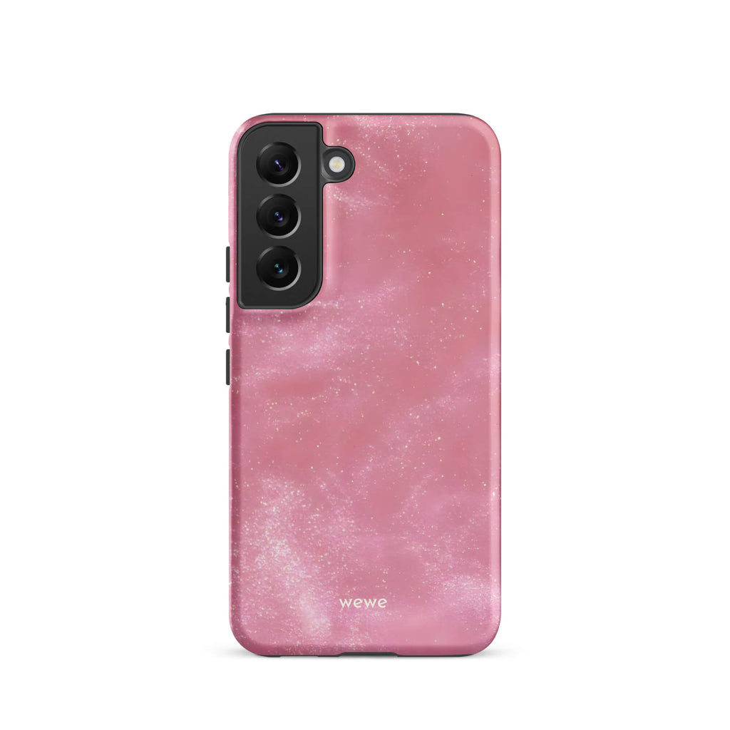 Custom samsung galaxy s22 Phone case with a glossy, light pink star dust-like pattern with subtle white shimmer.