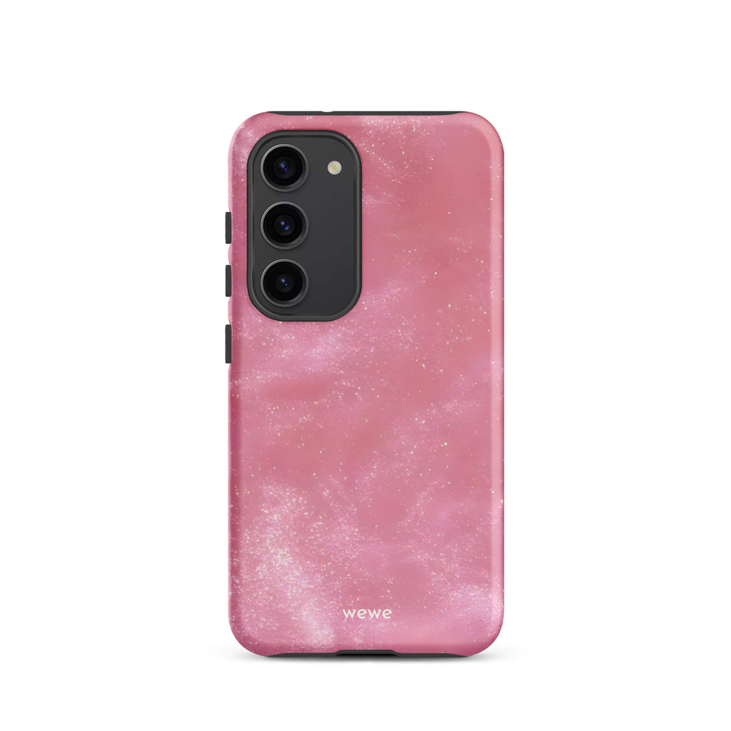 Custom samsung galaxy s23 Phone case with a glossy, light pink star dust-like pattern with subtle white shimmer.