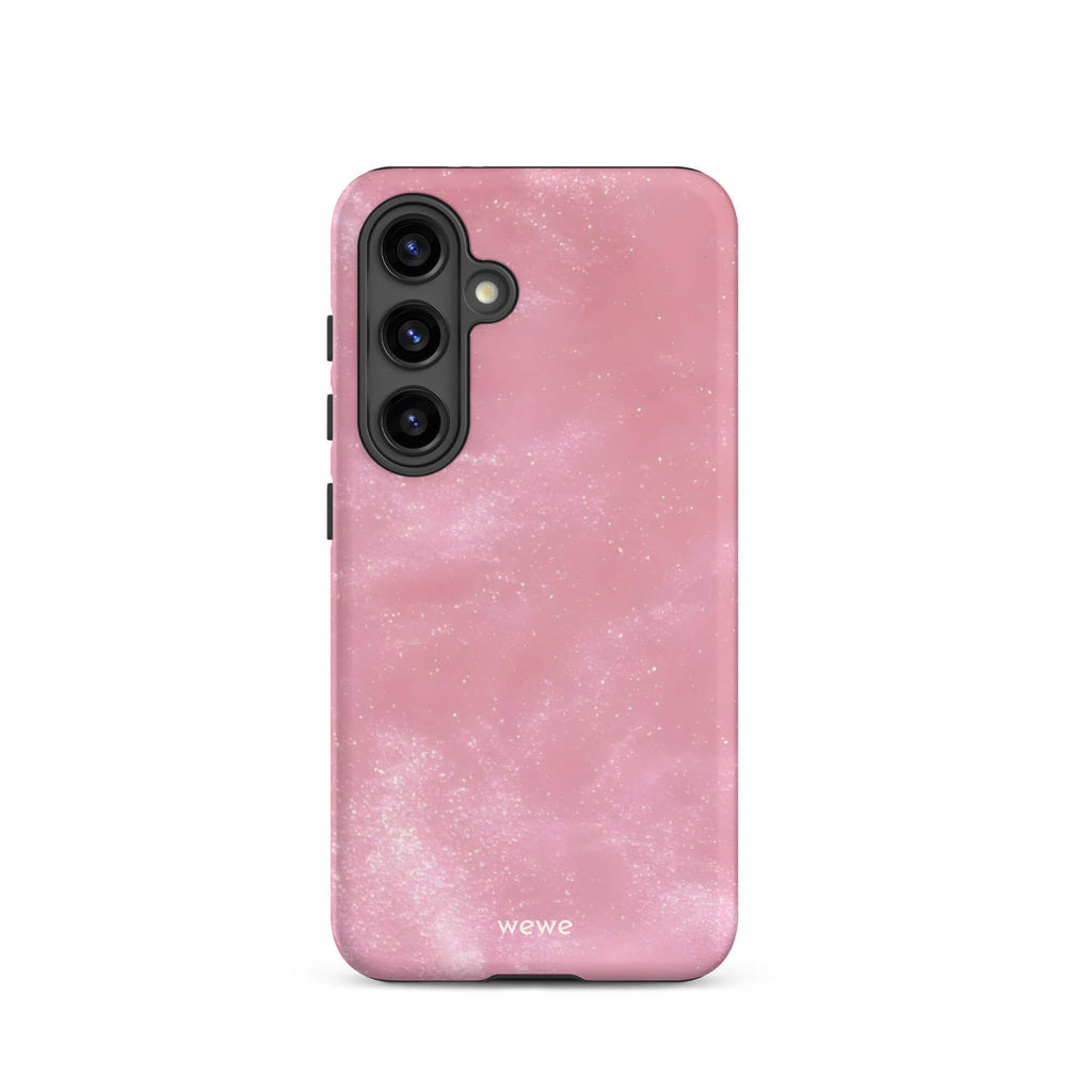 Custom samsung galaxy s24 Phone case with a glossy, light pink star dust-like pattern with subtle white shimmer.