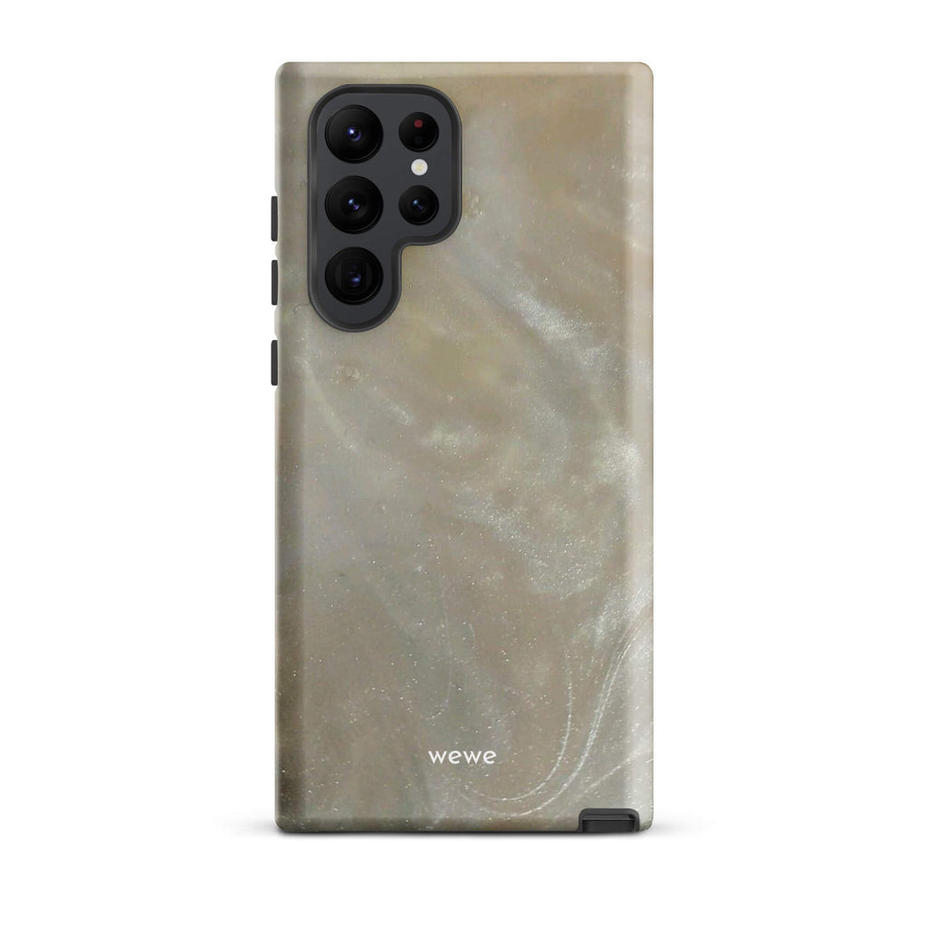 Custom samsung galaxy s22 ultra with a a soft, iridescent, swirling light beige and grey pattern resembling mother of pearl or abalone shell.