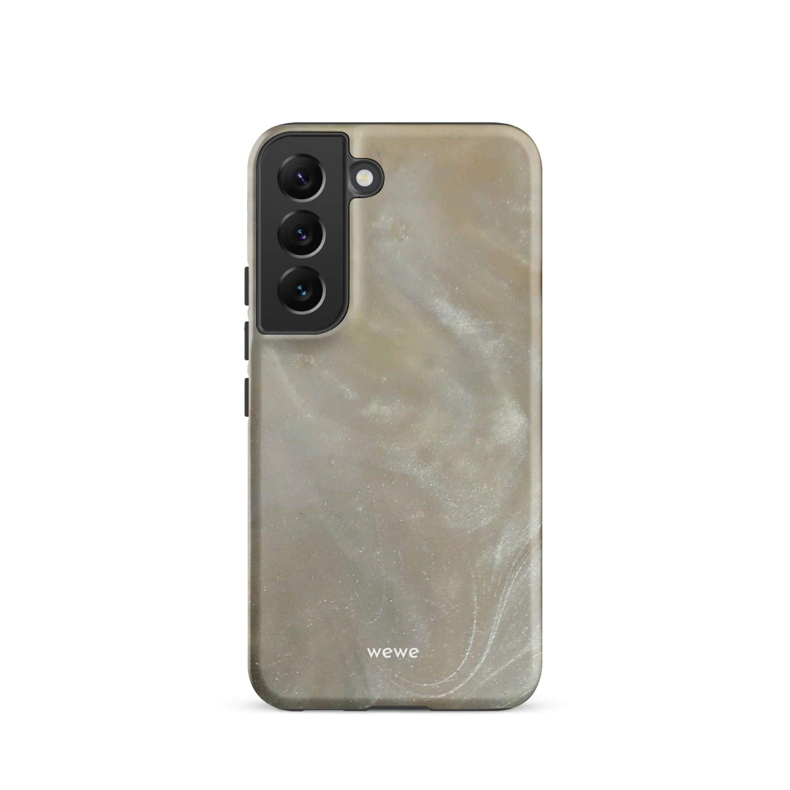 Custom samsung galaxy s22 with a a soft, iridescent, swirling light beige and grey pattern resembling mother of pearl or abalone shell.