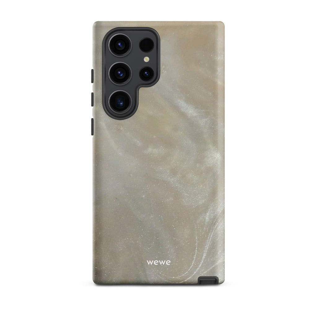 Custom samsung galaxy s23 ultra with a a soft, iridescent, swirling light beige and grey pattern resembling mother of pearl or abalone shell.