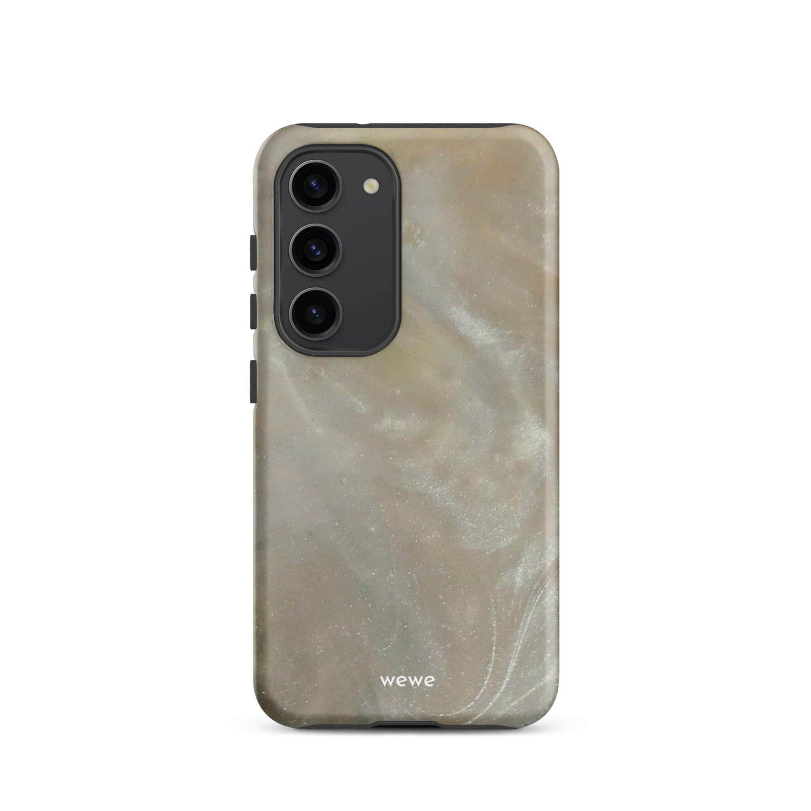 Custom samsung galaxy s23 with a a soft, iridescent, swirling light beige and grey pattern resembling mother of pearl or abalone shell.
