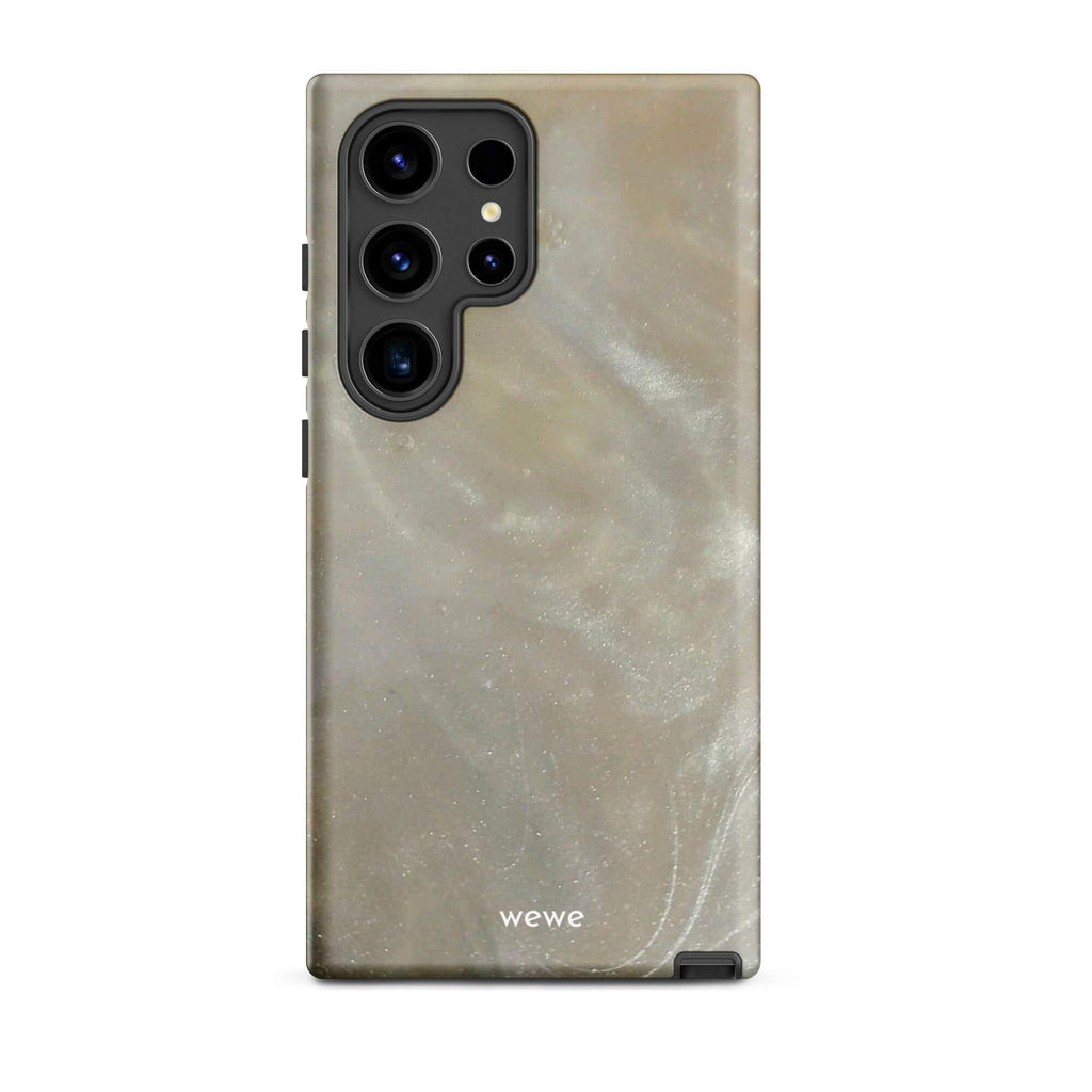 Custom samsung galaxy s24 ultra with a a soft, iridescent, swirling light beige and grey pattern resembling mother of pearl or abalone shell.