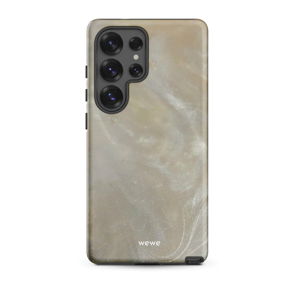 Custom samsung galaxy s25 ultra with a a soft, iridescent, swirling light beige and grey pattern resembling mother of pearl or abalone shell.