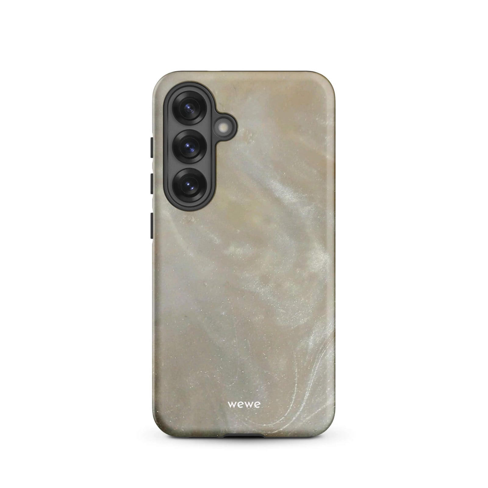 Custom samsung galaxy s25 with a a soft, iridescent, swirling light beige and grey pattern resembling mother of pearl or abalone shell.